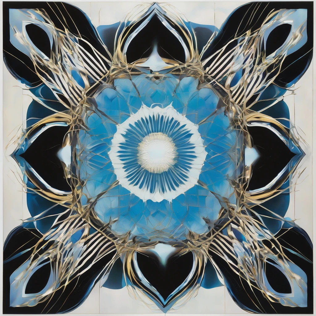 Symmetry, aesthetic, extremely detailed, symmetrical, Stunning, premium, Illustration, mid shot, Symmetry, intrigued, in the center, geometric patterns, symmetrical design, modern architecture, clear blue sky, natural light, high-resolution, authentic, minimalistic, clean lines, balanced composition, detailed, oil painting, realistic, crisp, vivid colors, soft glow, contrast, Alex Ross, Yoshitaka Amano, J.H. Williams III, H.R. Giger.