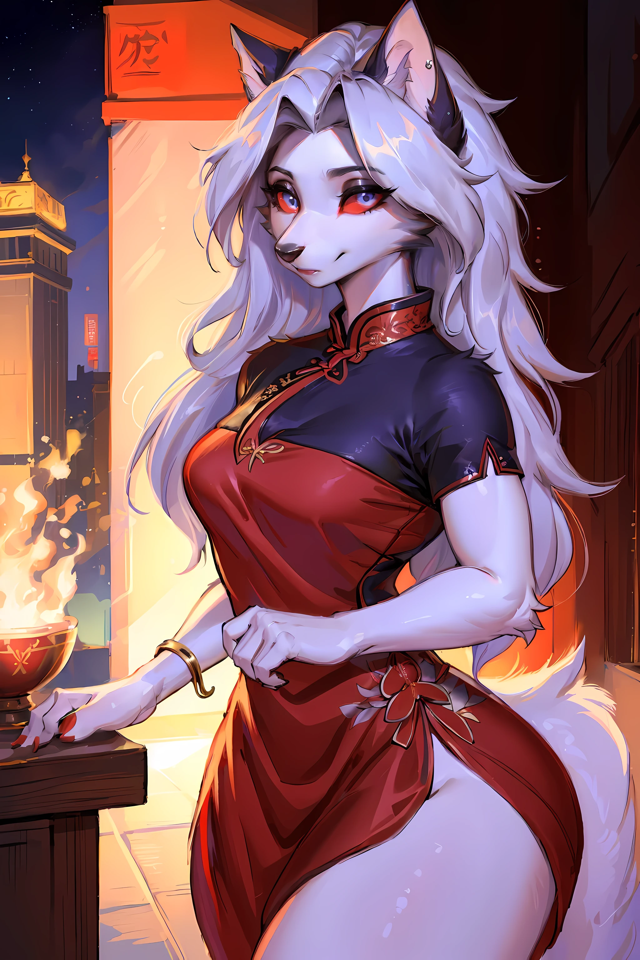 (best quality,4k,8k,high resolution,masterpiece:1.2),Super detailed,(actual,photoactual,photo-actual:1.37),red eyes,hairy,wolf girl,(beautiful/delicate eyes:1.1),feminine face,long eyelashes,(red clothes:1.1),(qipao,cheongsam:1.1),flowing chiffon,(jewelry/Accessories:1.1),well proportioned body,(Thick thighs:1.1),inspired by luna,(Reasonable structure:1.1) ,Perfect high detail face,(perfect delicate eyes:1.5),cat student