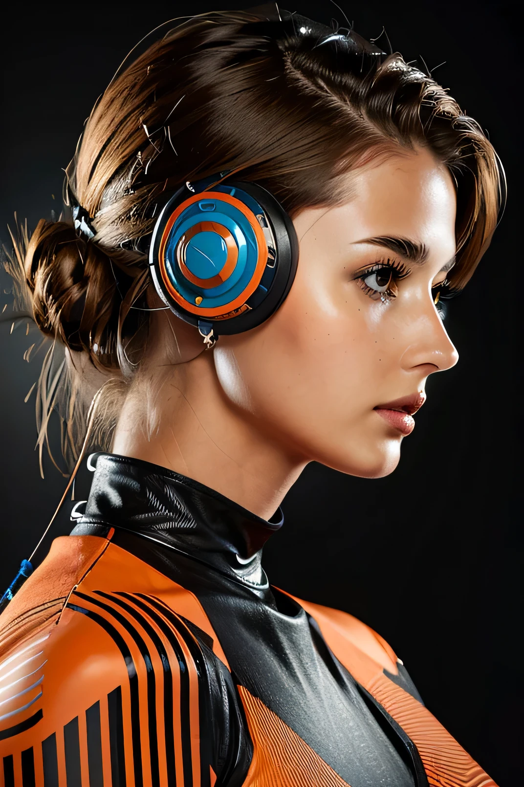 Abstract, graphic design , digital art, in the style of surrealistic portraits, dark orange and azure, mechanized forms, daz3d, hans zatzka, android jones, paint dripping technique