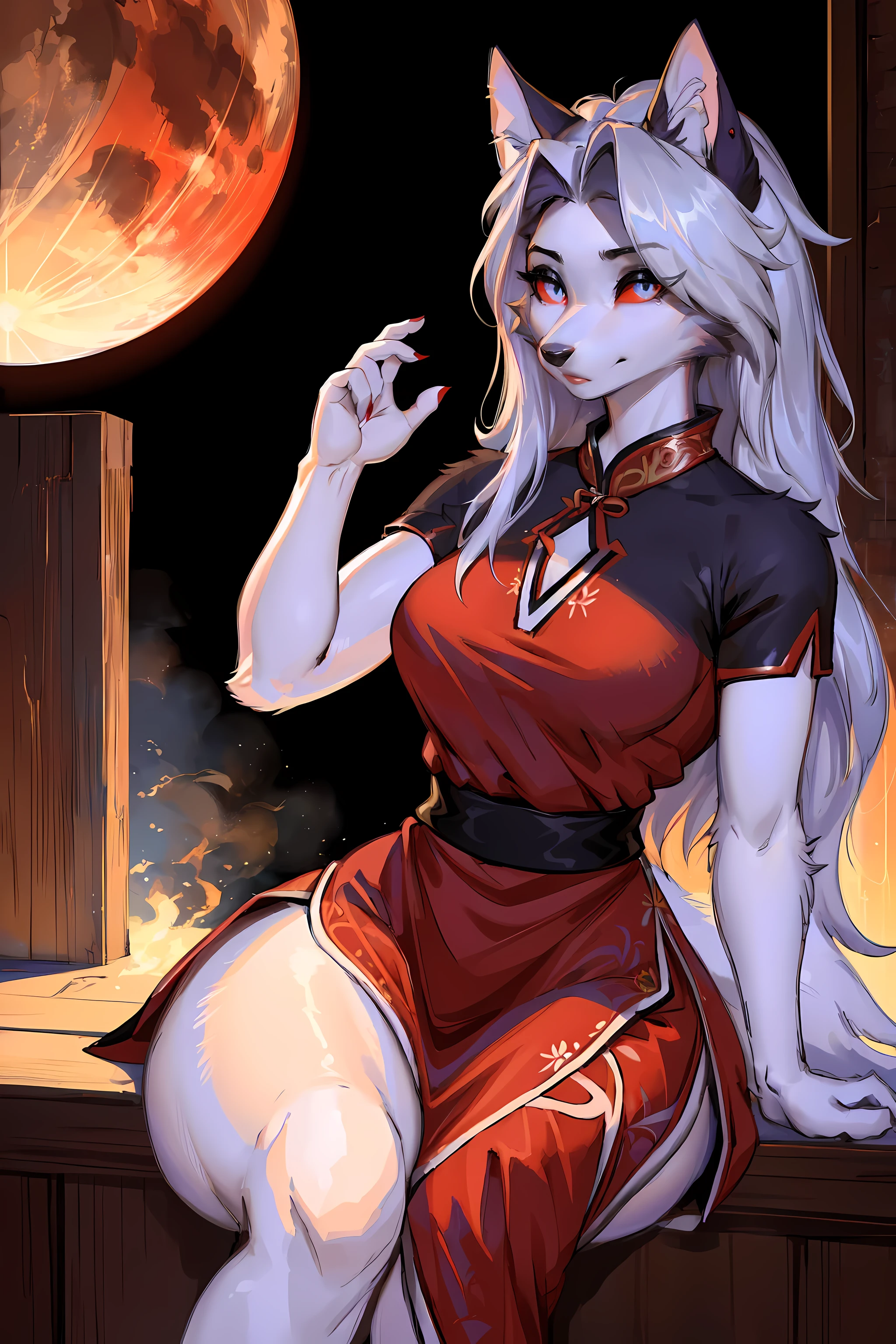 (best quality,4k,8k,high resolution,masterpiece:1.2),Super detailed,(actual,photoactual,photo-actual:1.37),red eyes,hairy,wolf girl,(beautiful/delicate eyes:1.1),feminine face,long eyelashes,(red clothes:1.1),(qipao,cheongsam:1.1),flowing chiffon,(jewelry/Accessories:1.1),well proportioned body,(Thick thighs:1.1),inspired by luna,(Reasonable structure:1.1) ,Perfect high detail face,(perfect delicate eyes:1.5),cat student