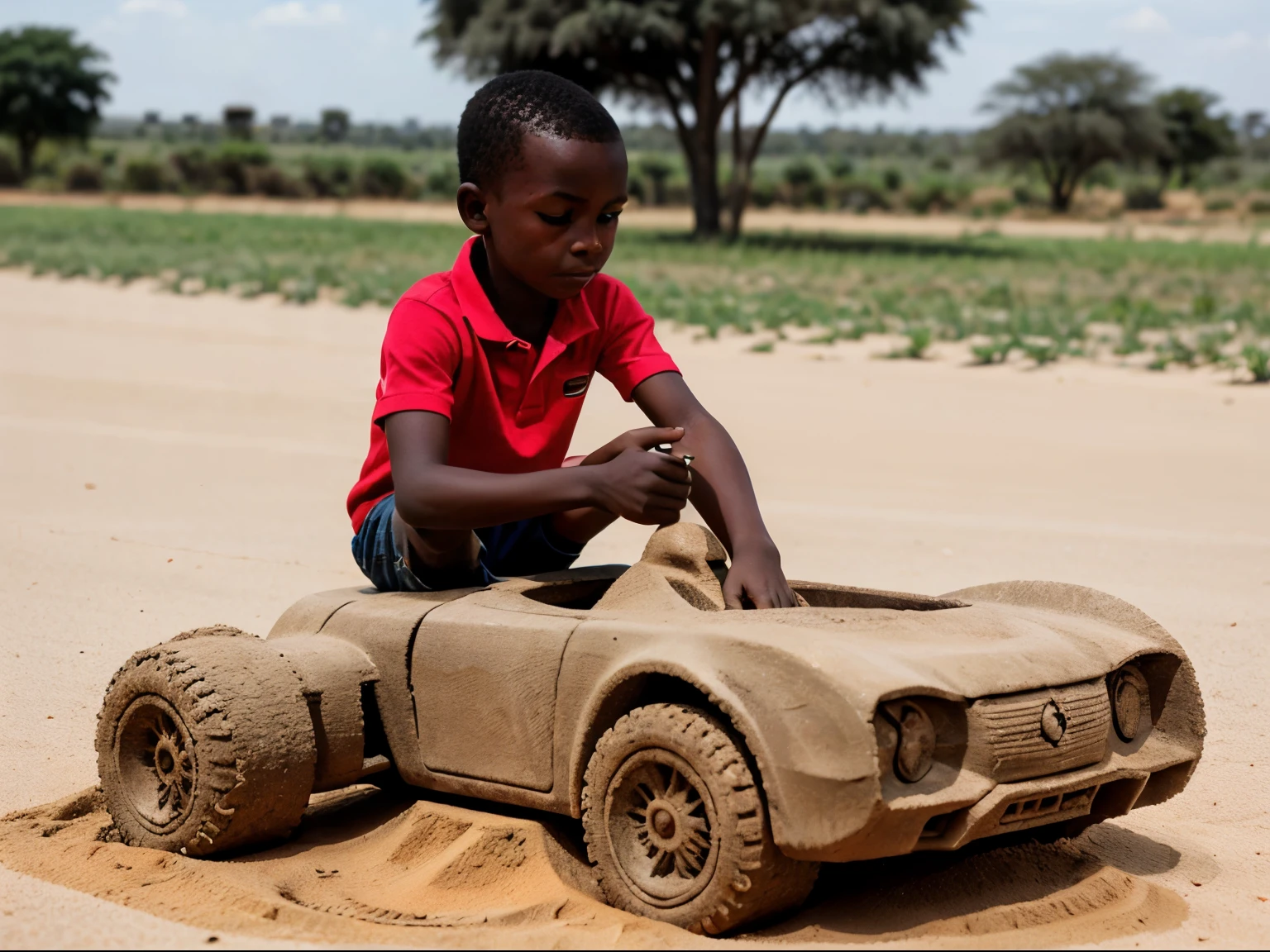 generate image of a african boy with a background of rural area and he is making a sculpture of a car that is made of sand 