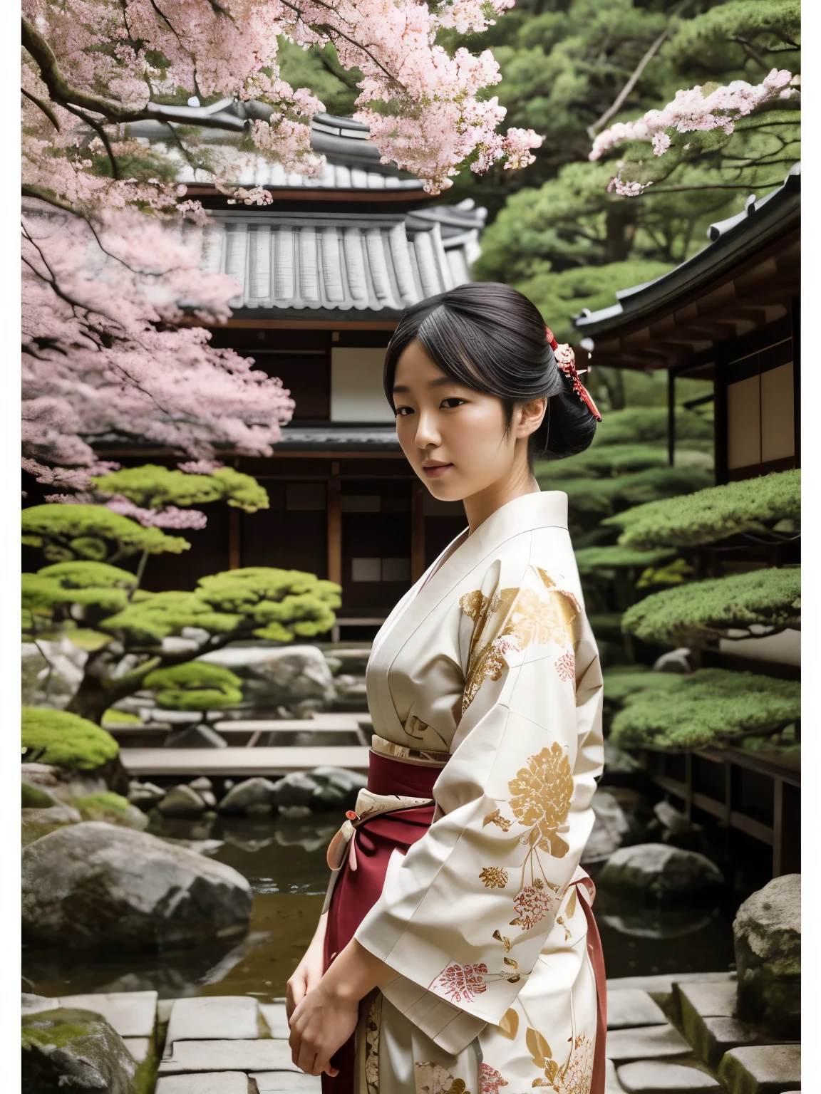 a girl in a traditional Japanese garden,natural colors,soft lighting,detailed and delicate brushstrokes,Nihonga painting,nature motifs,traditional materials (ukiyo-e paper, mineral pigments, gold leaf),peaceful atmosphere,subtle textures,sublime beauty,(best quality,highres:1.2),tranquil expression,traditional Japanese clothing,kimono and obi,carefully crafted details,stillness and harmony