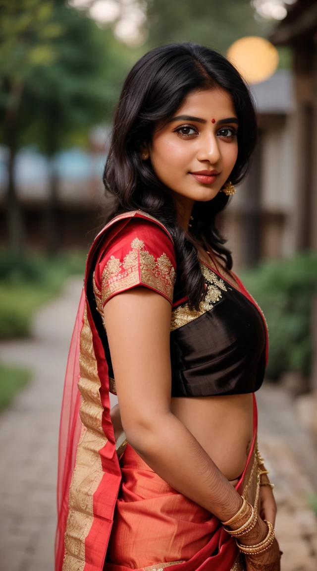 (((desi girl))), 20-year-old, chubby face, natural skin, medium sized breast, wearing bhue bridal saree, charming black hair, ((hair ends are blonde)), greenary village background, bokeh