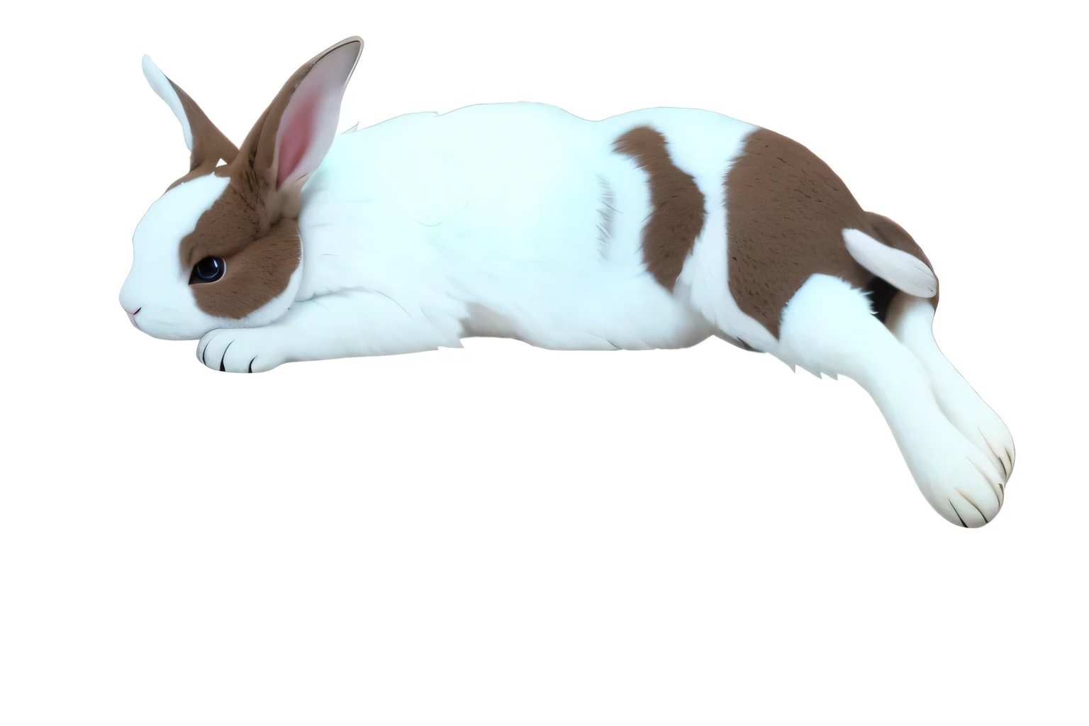 There is a rabbit lying on the floor in the room, lie on the floor, Have two long and pointed ears, Upturned rabbit ears, Rabbit, Rabbit_Bunny, White，With chocolate brown spots, with big rabbit ears, with long floppy rabbit ears, Lovely
