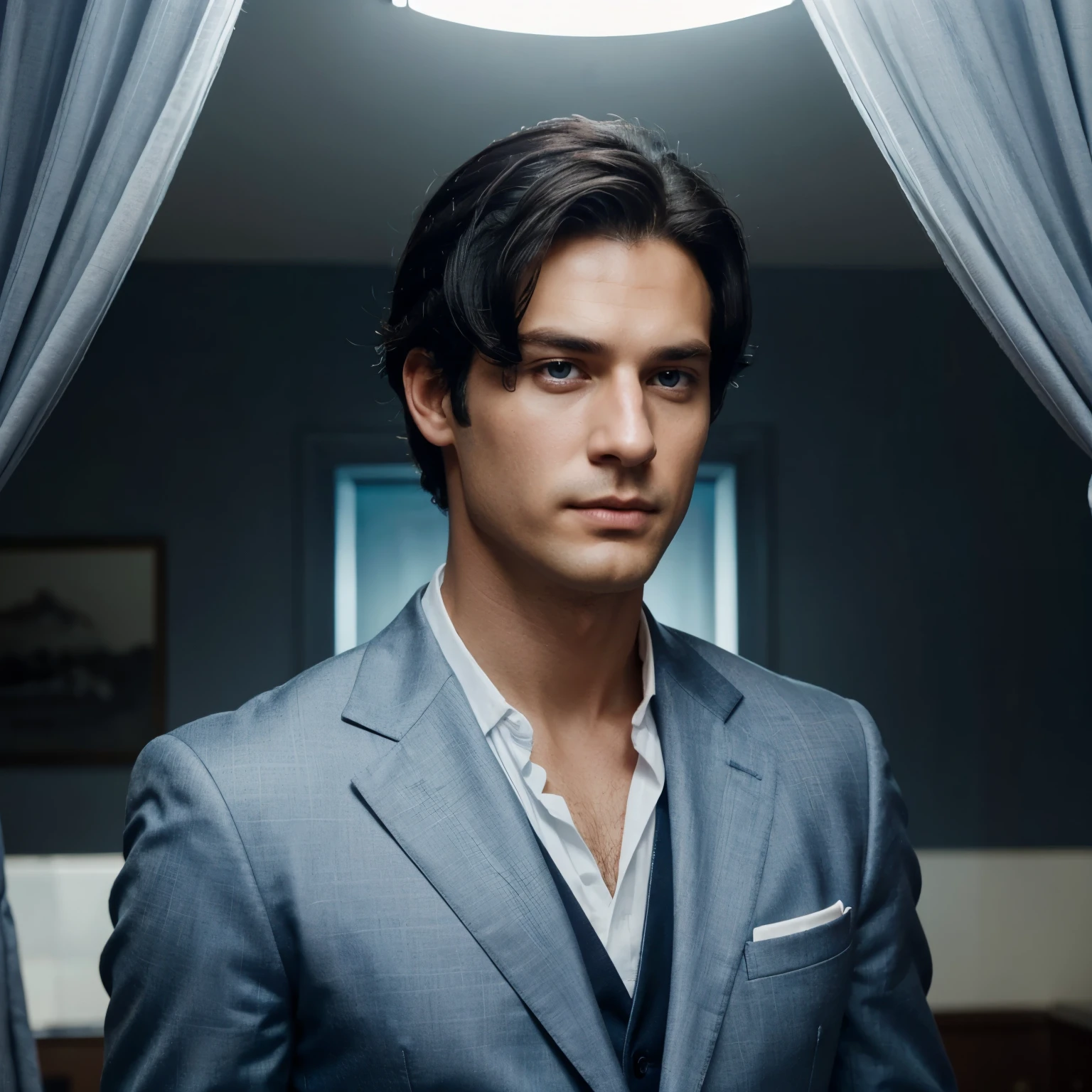 A royal man with a handsome face, black hair and bright light blue eyes, his hair is always combed back neatly and wears a royal-style suit.