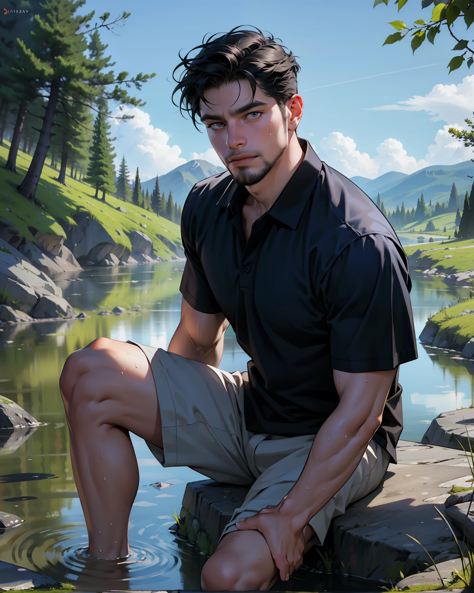 Best quality, masterpiece, expressionless,ultra high res,detailed background,realistic, real shadow and light,depth of field, look at the viewer, Adult, Full body, Muscular, Sexybody, A elder man, beard, meadow, beside river, sweat, short black hair, navy shirt, black shors, barefoot, clear water, sitting on the rock, wildlife, animals, sunny.