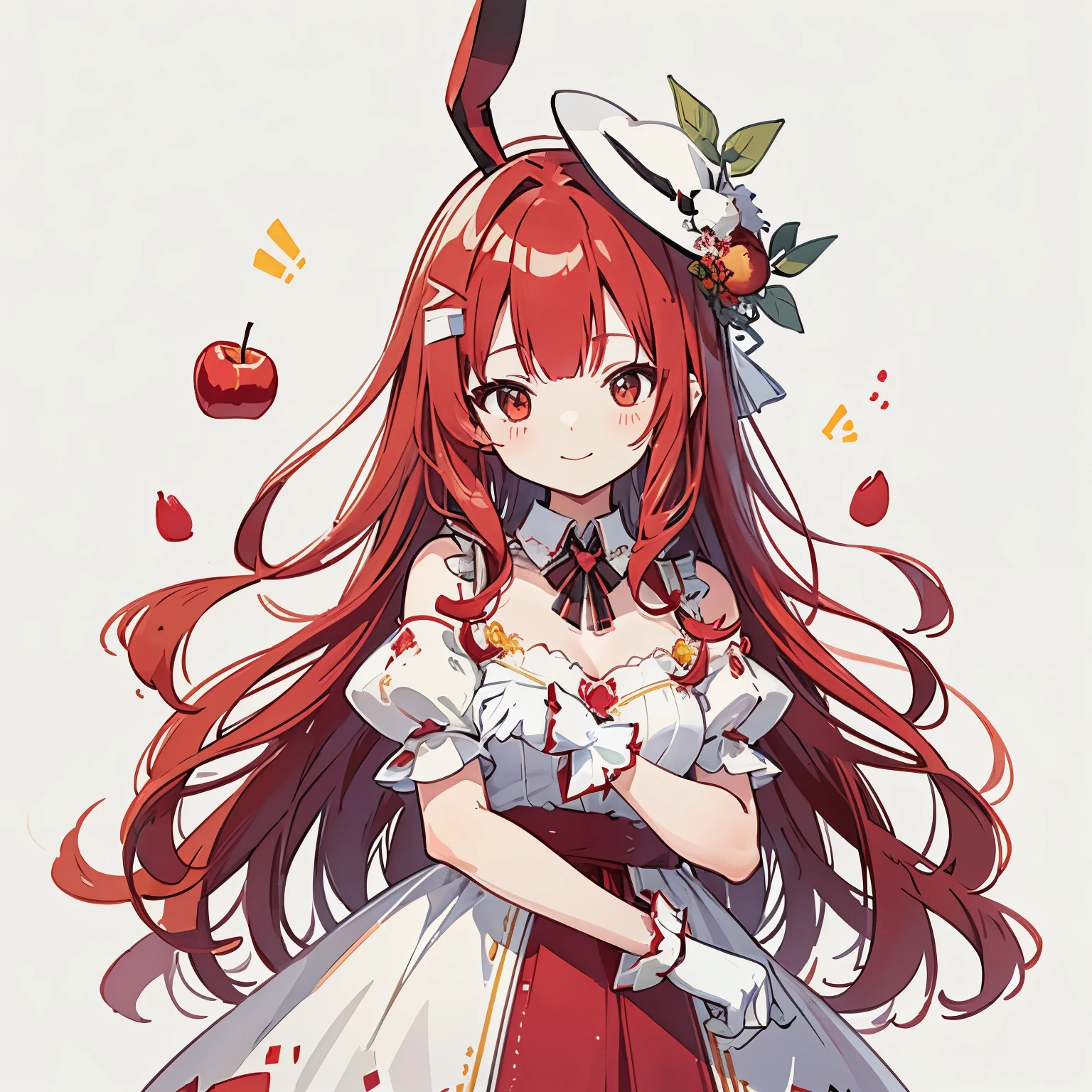 transparent watercolor、girl、jewel eyes、beautiful arrangements and motifs、written boundary depth、flat avatar, 1girl, smile, light red hair((Rabbit ears wavy hair growing on the head))、The tips of the rabbit&#39;s ears are red、red object、red hair tips, Fashionable design clothes((red and white)),background white, かわいいgirl、Red theme、Apple juice、a lot of apples、apple hair ornament、transparent dress、dress shaped like an apple、fluffy dress、transparent feather robes、red transparent、Sparklingオレンジ、beautiful girl、smile gently、transparent cloth、exposed、Summery、red and green、cheerful girl、lady&#39;s hat、lady、Elegant、Elegant hat、hat with white lace、white water、fresh、detailed、fantasy、High quality、jewel eyes、Sparkling、pop art、line art、Personification of apples、Gradient red on clothes、red eyes、yellow or white hair、intricately designed dress、apple image dress、yellow cloth、red cloth、millefeuille dress、layered dress、put your hands down、white gloves、red edge of cloth、red ribbon、cute ribbon