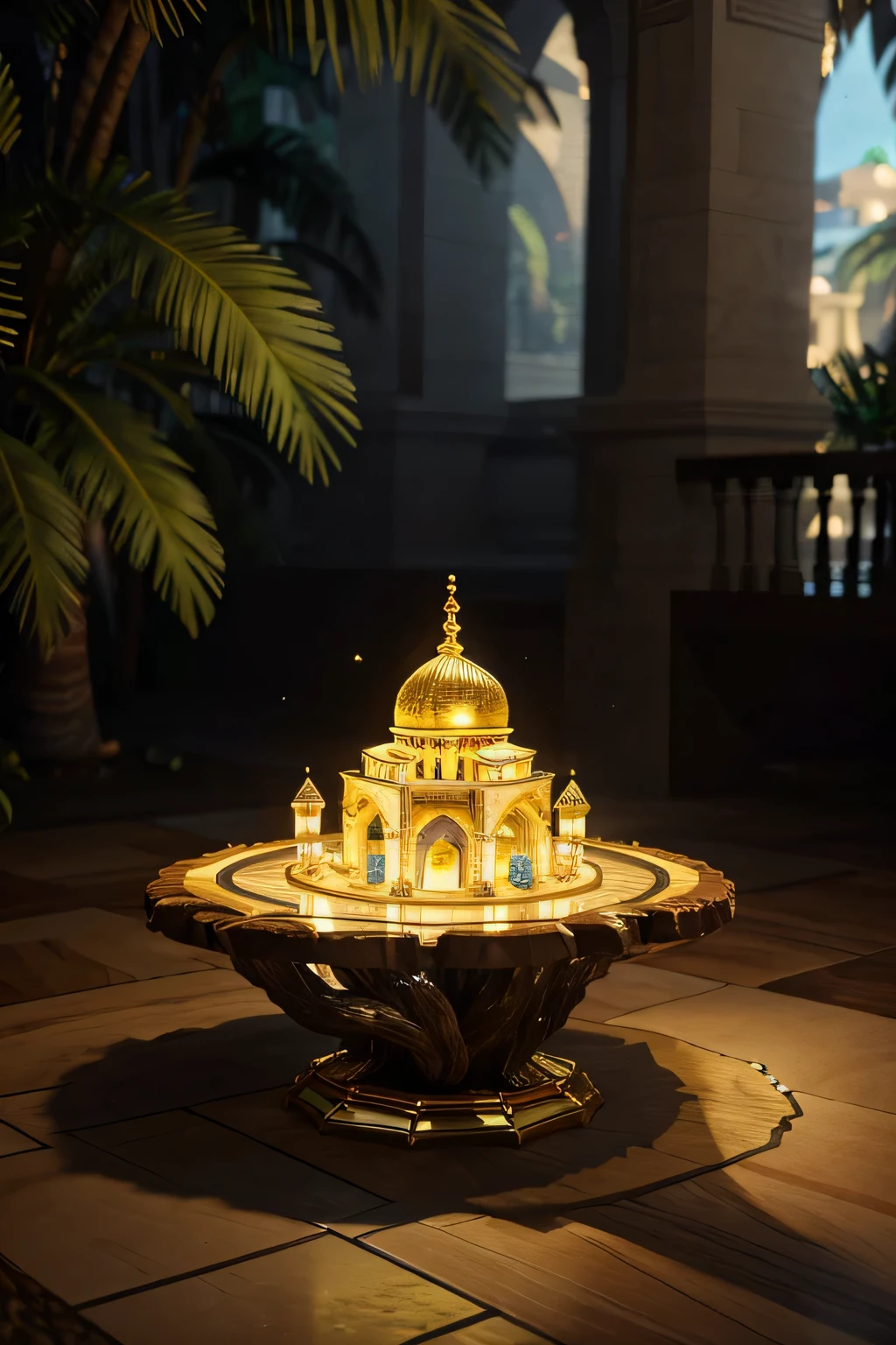 3D, a thick crystal table, illuminated by natural light, the base of the table made of tree complicated twisted roots, on the crystal table there is a miniature of the luxurious and majestic mosque with gold dome, there is palms trees, dates trees and waterfall, 4K, art, 3D projection,hyperrealistic