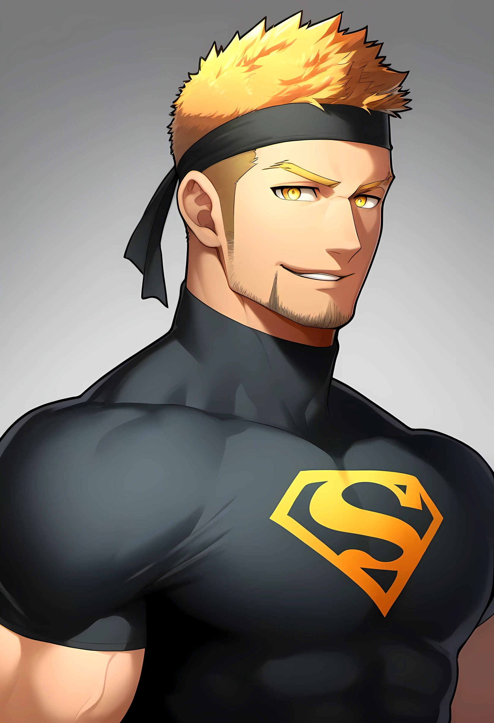 anime characters：Guy, Priapus, 1个年轻的muscular man, male focus, Sporty black headband, Black Turtleneck Superman Tight T-Shirt, superman logo, muscular man, extra large breasts, only, Upper body, alone, short yellow hair, stubble, yellow eyes, blink, White background, simple background, amazing quality, best aesthetics, Ridiculous, bright pupils, short hair, naughty face, torogao, open lips, best quality