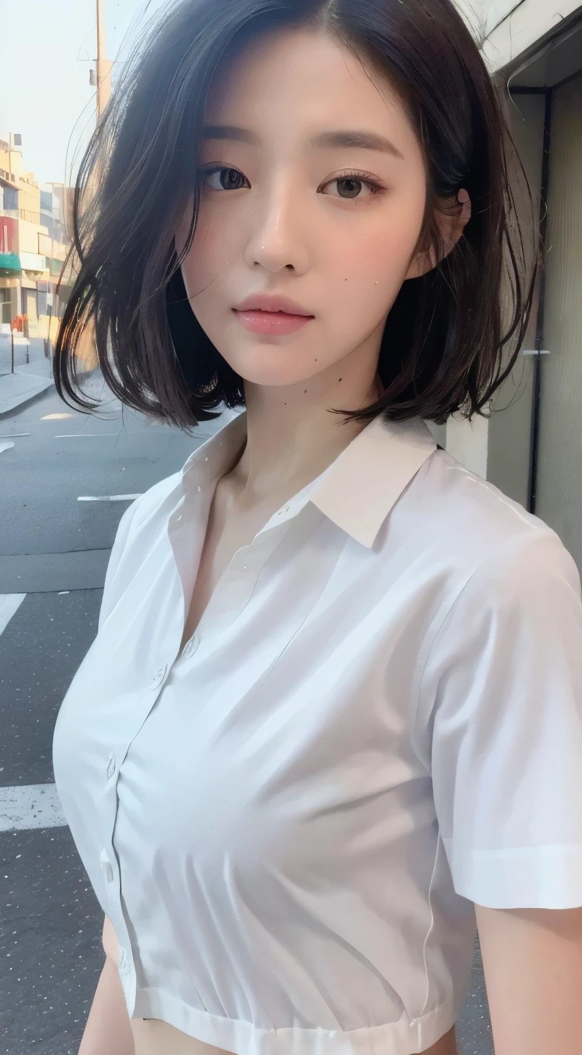 ((best quality, 8k, masterpiece: 1.3)), sharp: 1.2, perfect body beautiful: 1.4, Slim abs: 1.2, ((layered hairstyle, :1.2)), (White button down short sleeve shirt: 1.1), (street: 1.2), wet: 1.5, Highly detailed facial and skin textures, delicate eyes, double eyelids, looking directly at camera
