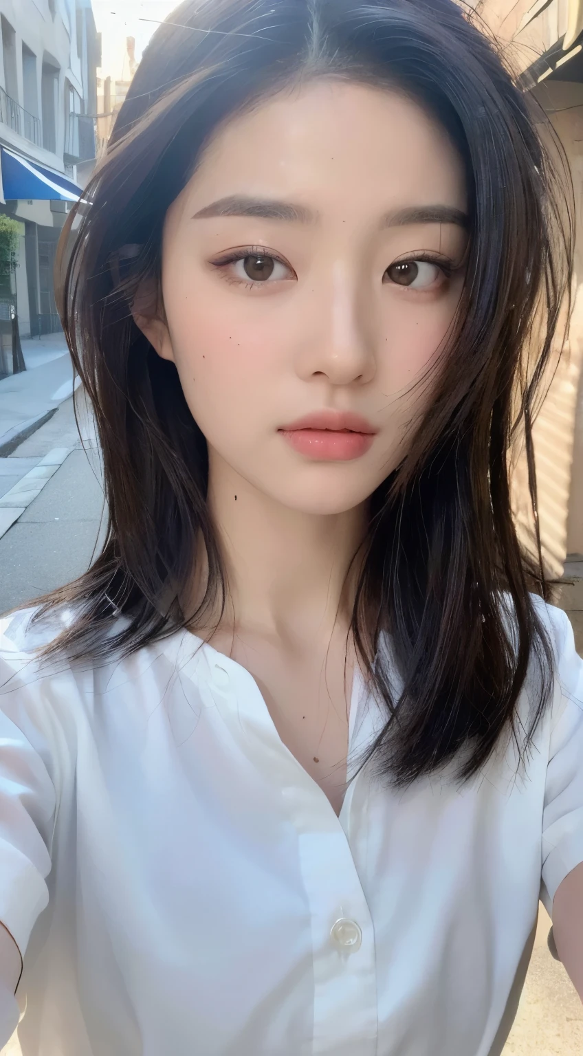 ((best quality, 8k, masterpiece: 1.3)), sharp: 1.2, perfect body beautiful: 1.4, Slim abs: 1.2, ((layered hairstyle, :1.2)), (White button down short sleeve shirt: 1.1), (street: 1.2), wet: 1.5, Highly detailed facial and skin textures, delicate eyes, double eyelids, looking directly at camera