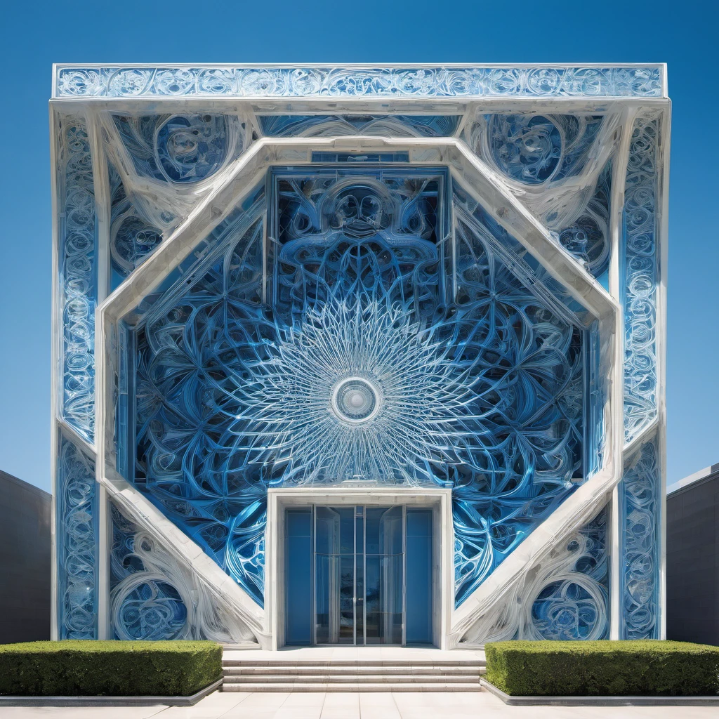 Symmetry, aesthetic, extremely detailed, symmetrical, Stunning, premium, Illustration, mid shot, Symmetry, intrigued, in the center, geometric patterns, symmetrical design, modern architecture, clear blue sky, natural light, high-resolution, authentic, minimalistic, clean lines, balanced composition, detailed, oil painting, realistic, crisp, vivid colors, soft glow, contrast, Alex Ross, Yoshitaka Amano, J.H. Williams III, H.R. Giger.