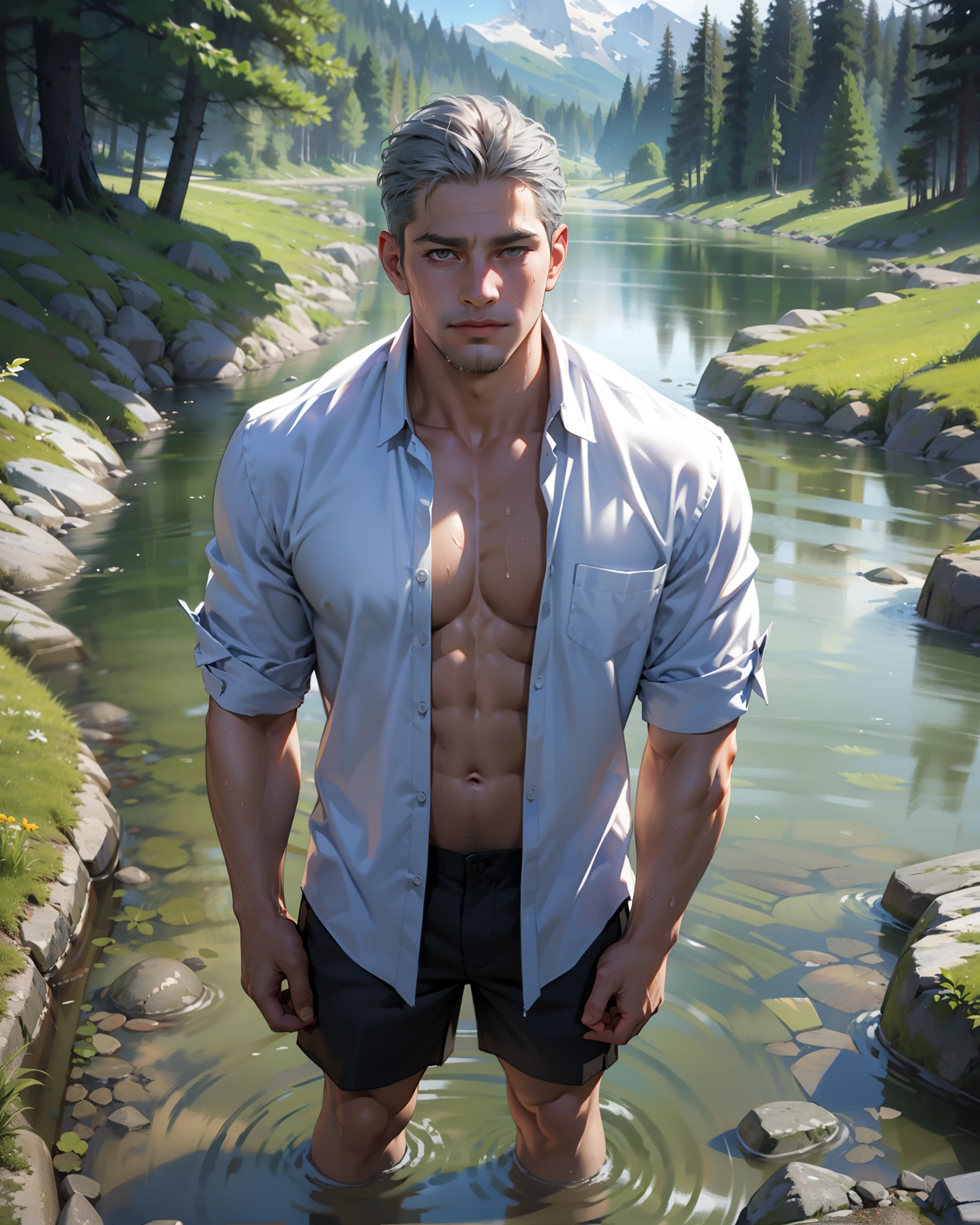 Best quality, masterpiece, expressionless,ultra high res,detailed background,realistic, real shadow and light,depth of field, look at the viewer, Adult, Full body, Muscular, Sexybody, A elder man, silver beard, meadow, in the river, sweat, long silver hair, open shirt, Brief, barefoot, clear water, shower in the river, swim in the river.