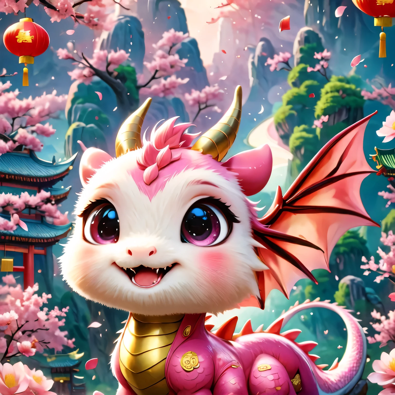 (masterpiece, highest quality:1.2), Q version, cute little dragon, Chinese style, pink space, festival atmosphere, spring festival, cute dragon horn, chinese elements, comics, Cute Pets, lively.