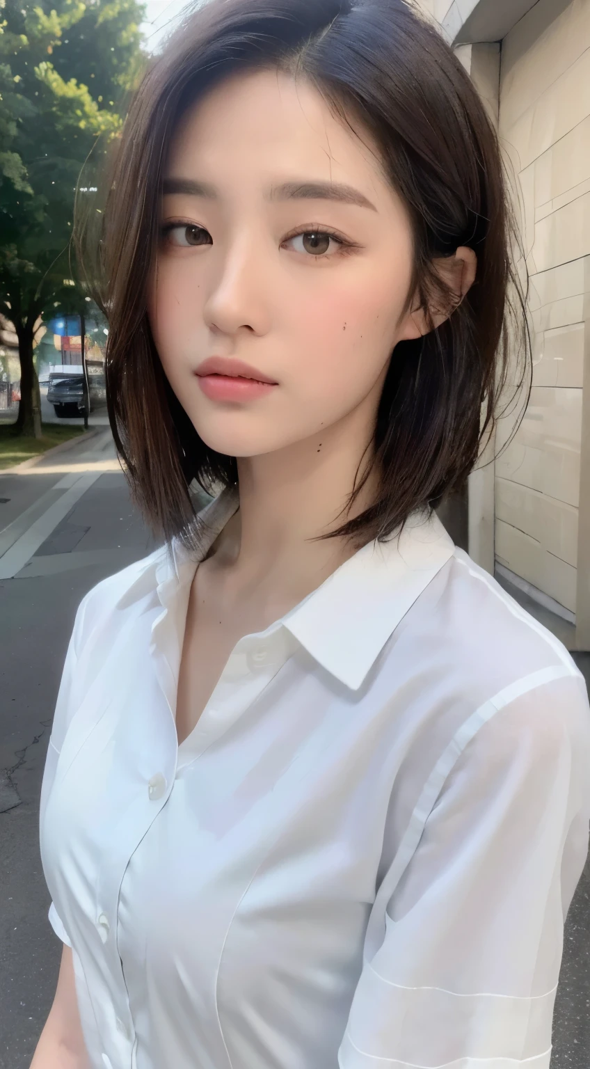 ((best quality, 8k, masterpiece: 1.3)), sharp: 1.2, perfect body beautiful: 1.4, Slim abs: 1.2, ((layered hairstyle, :1.2)), (White button down short sleeve shirt: 1.1), (street: 1.2), wet: 1.5, Highly detailed facial and skin textures, delicate eyes, double eyelids, looking directly at camera