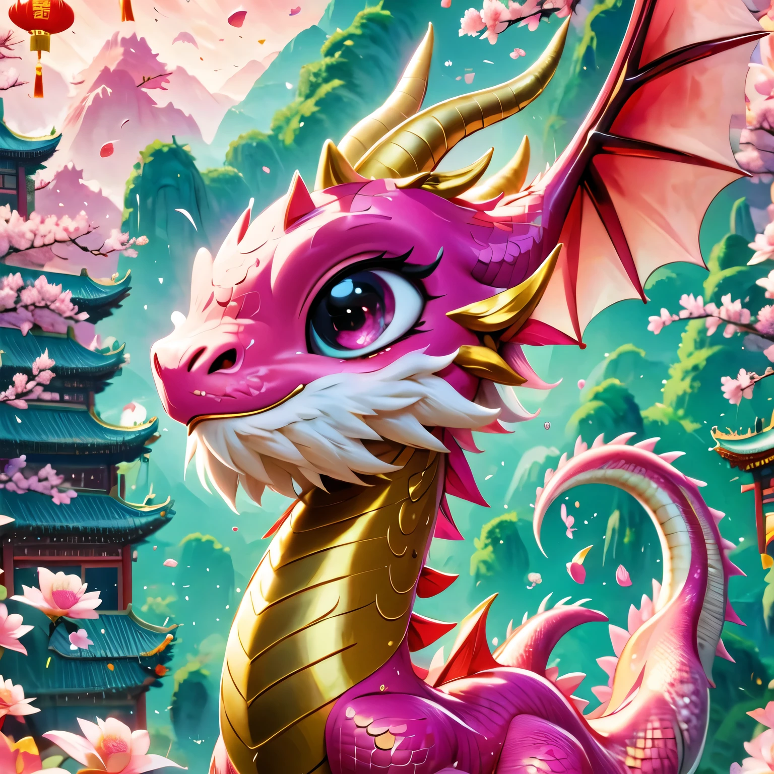 (masterpiece, highest quality:1.2), Q version, cute little dragon, Chinese style, pink space, festival atmosphere, spring festival, cute dragon horn, chinese elements, comics, Cute Pets, lively.