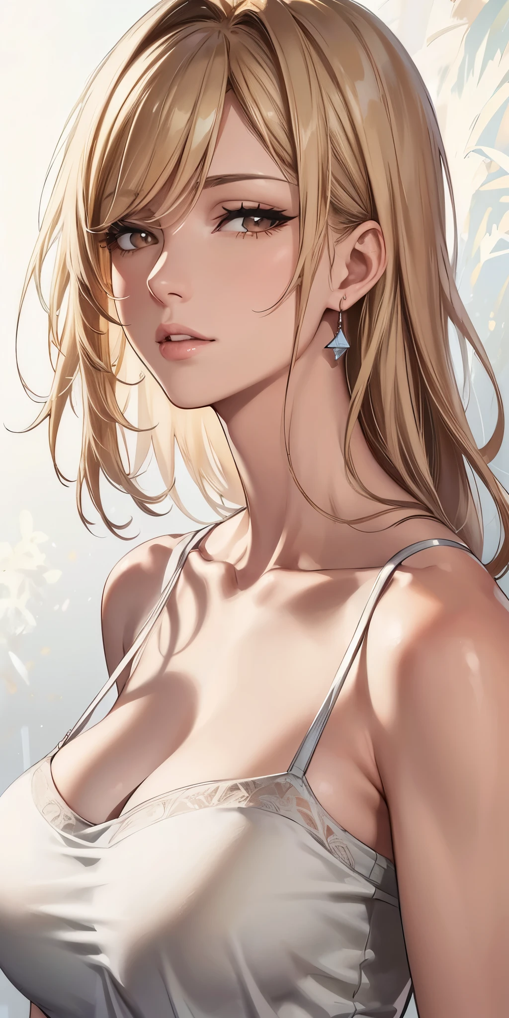 portrait, elegant mature woman, brown eyes, long straight hair, swept-side bang, [[brown hair]], (blonde hair), camisole, big breast, transparen camisole, see through camisole, high resolution 8k, beautiful cg