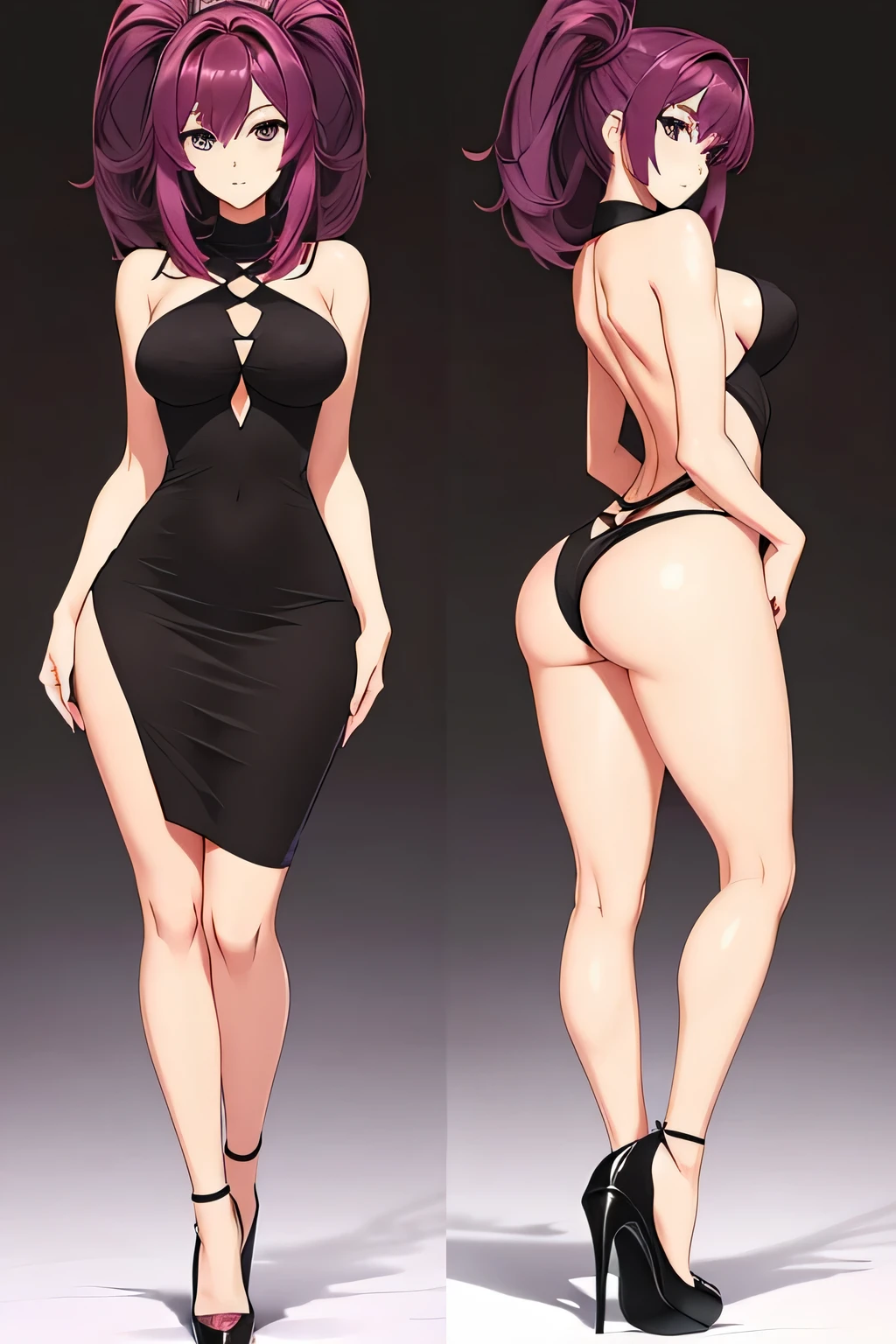 Generate an anime-style full-body depiction of an attractive woman viewed from behind, gazing towards her left side. She should be dressed in a sultry, tight, backless dress, accentuating her figure, paired with elegant high heels.