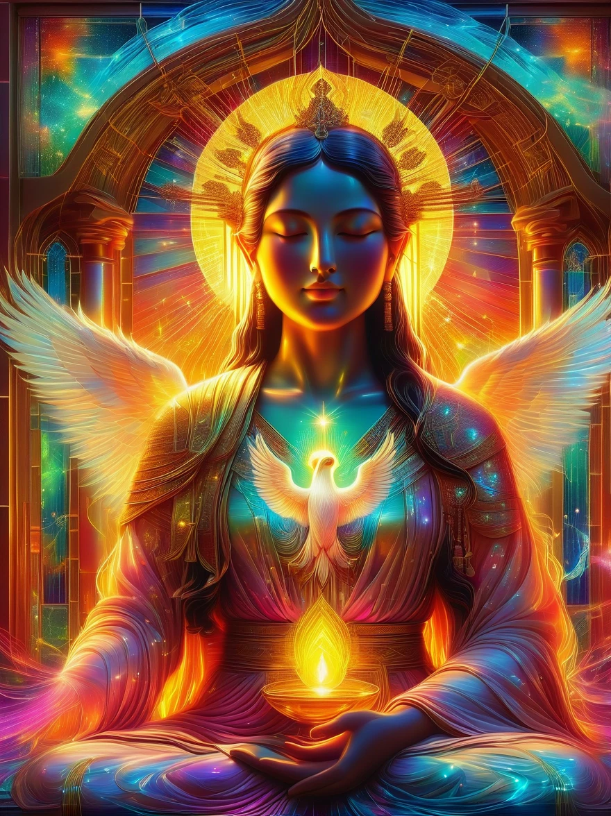 ((Symmetrical:1.5))，((Phoenix in a beautiful church，Perfectly symmetrical stained glass window)), (Centered symmetrical composition)，Religious atmosphere，sacred tranquility，intricate details，peaceful atmosphere，calm expression，graceful posture，sacred silence，bright colors，Calm gaze，gentle brushstrokes，ethereal light，eternal beauty，quiet spirituality，Divine inspiration，Divine piety，thin coat of paint，delicate brushstrokes，subtle shades，Charming atmosphere，divine light，religious icons，Peaceful solitude，Enlightenment，devotional experience，meditative tranquility，deep tranquility，Realistic，Neon lights，(Liquid light background)，(UHD, masterpiece, ccurate, anatomically correct, textured skin, super detail, high details, award winning, best quality, 8k)