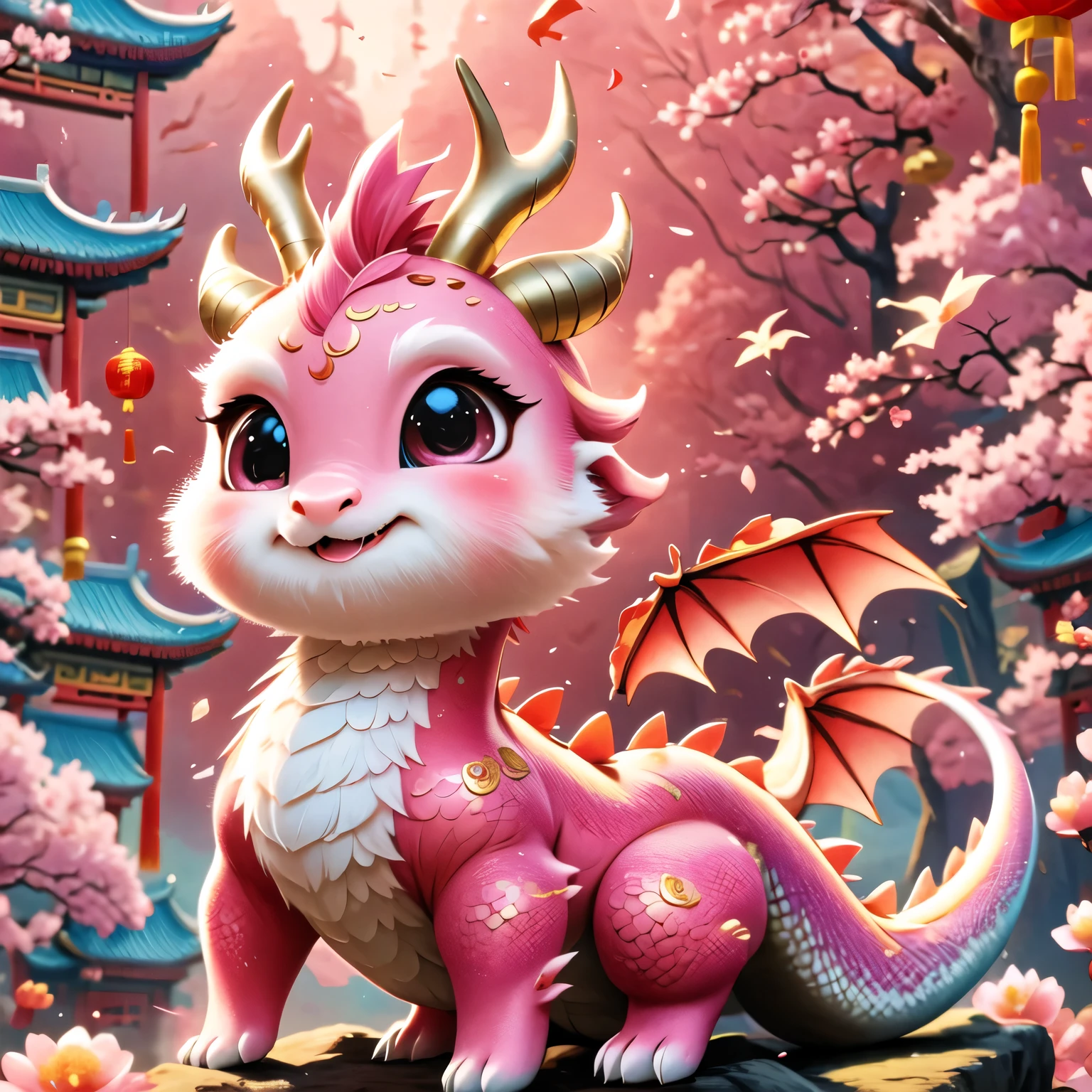 (masterpiece, highest quality:1.2), Q version, cute little dragon, Chinese style, pink space, festival atmosphere, spring festival, cute dragon horn, chinese elements, comics, Cute Pets, lively.