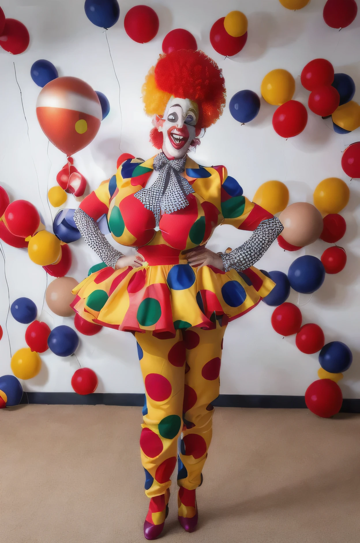 masterpiece, best quality, blush, sexy real life clown girl wearing a clown themed suit and tie with polka dots, big red clown nose ball, clown makeup, standing with hands on hips, huge fake breasts, spherical breasts, floating breasts, whimsical formal clothing, clown suit, sexy clown girl, thin waist, levitating breasts, big oversized polka-dotted bowtie, big clown bowtie, big shirt collar, oversized shirt collar, polkadot patterns on clothes, pointy big nipples pointing inside clothing fabric