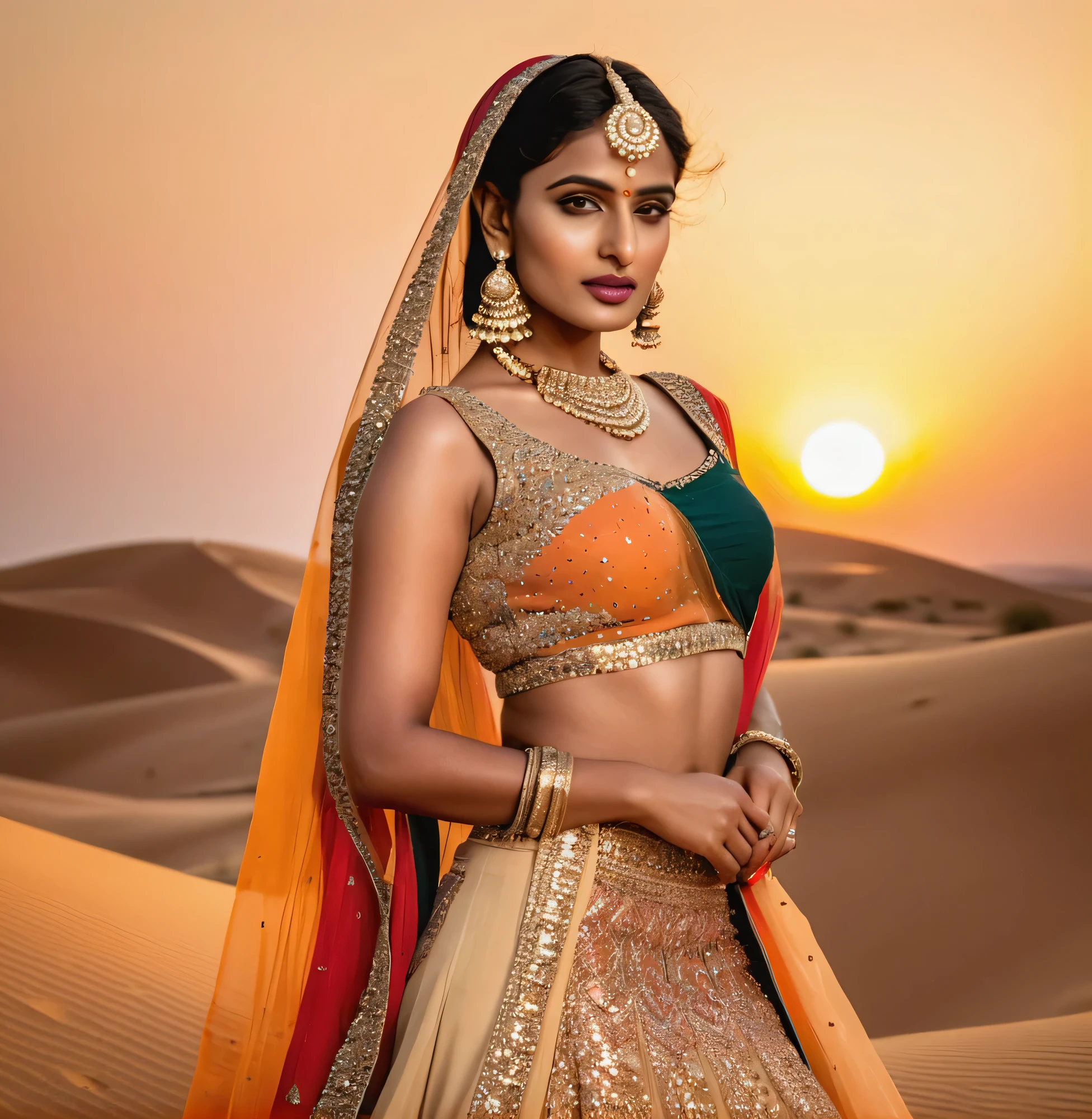 A mesmerizing Indian Instagram model, wearing a glamorous lehenga choli intricately embellished with sequins and beads, her makeup exuding elegance with bold eyes and soft lips, posing against the backdrop of a majestic sunset over the desert dunes, casting a golden hue over the landscape, highlighting her allure and sophistication, Photography, high-resolution DSLR with a telephoto lens