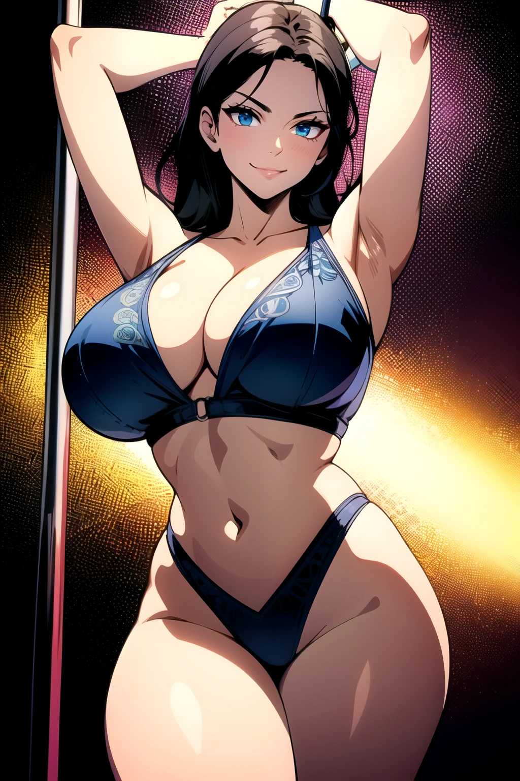 masterpiece, ((ultra detailed background, delicate pattern, intricate detail)), (highly detailed, fine details), best quality, beautiful lighting, (gigantic breasts)), NicoRobinV2, 1girl, black hair, long hair, solo, medium breasts, (smile), blue eyes, cleavage, closed mouth, hair slicked back, jewelry, collarbone, (swimsuit, crop top), (complex detailed background, inside, nightclub, poledance), curvy, cowboy shot