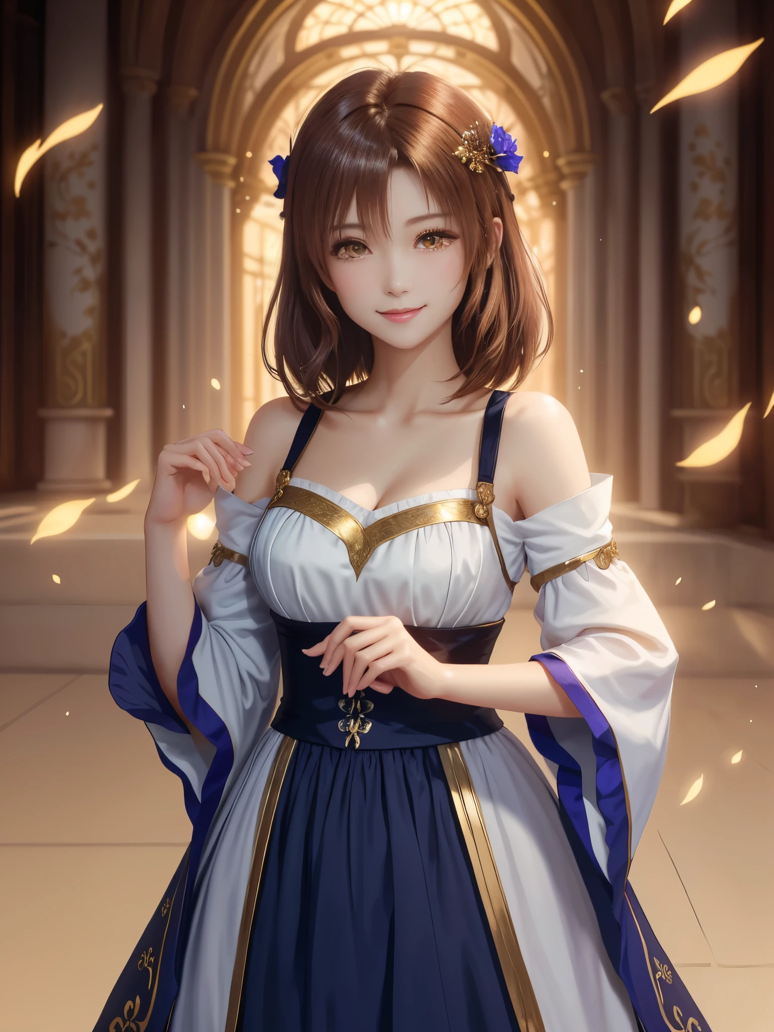 masterpiece , best quality,smile,smile,small face,shoulder exposure,less cleavage exposure,light brown hair,beautifully curled hair,slender body shape,brown eyes,Contrast faithfully reproduced,short hair,Beautiful short hair,Berry Short,short cut hair,just one person,precision quality,Faithfully reproduced eyes, The surroundings are shining gold,golden aura around the body,golden shining background,masterpiece,night,nightの背景,golden background,cherry blossom background,beautiful details, colorful, delicate details, delicate lips, intricate details, genuine, ultrargenuineista, 枝に座っている色とりどりの髪のFoxを持つ女の子:Mature, bright eyes, ,色とりどりのFox, raposa de nine tails, 三尾Fox, 三尾Fox, onmyoji detail art, beautiful fine art illustration, mythical creatures, Fox, beautiful digital art,shrine maiden,hold hands,exquisite digital illustration, mizutsune, Inspired by mythical wild web creatures, pixiv in digital art, shining light, high contrast, Mysterious,