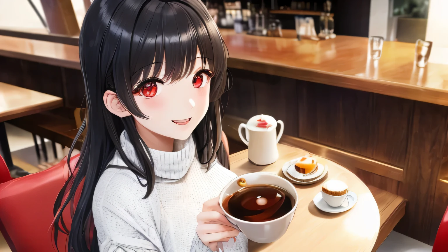 1 adult female、red eyes、Big eyes、big smile、black wolf cut、white knit sweater、Tea at a stylish open cafe