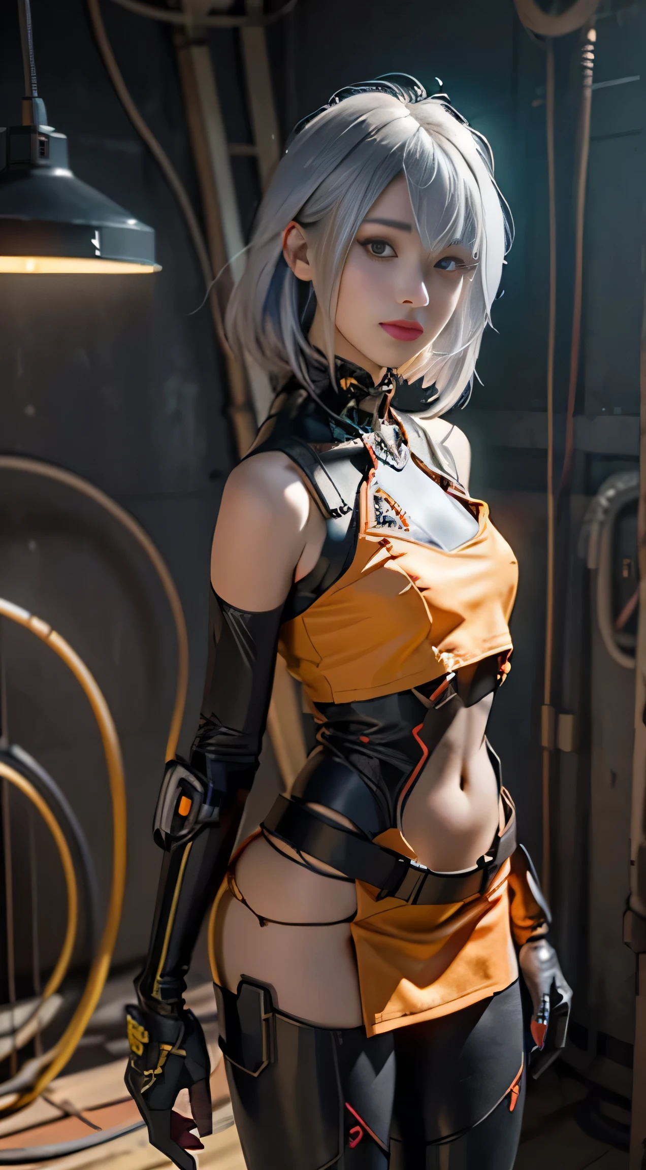 unreal engine:1.4,hyper hd,highest quality:1.4, realistic:1.4, skin texture:1.4, masterpiece:1.8, 1 chica cyber punk, brunette hair, glowing skin, 1 Orange mechanical girl, (Ultra realistic details)), Overall good health, global illumination, contrast, in the shade, Rendering with Octane, super sharp, exposed cleavage, Tensile strength,orange mini skirt, Metal,intricate yellow decorative details, Japan details, Advanced level of detail, ray tracing realist, CG trends, in front of the camera, neon light details, mechanical limbs, blood vessels connected to tubes, mechanical vertebrae attached to the back, mechanically attach the cervical vertebrae to the neck, Wires and cables connecting to the head, gundam, small led lamp. girl、silver hair、round eyes、giant irisディテール, light smile,(cyber punk:1.3)