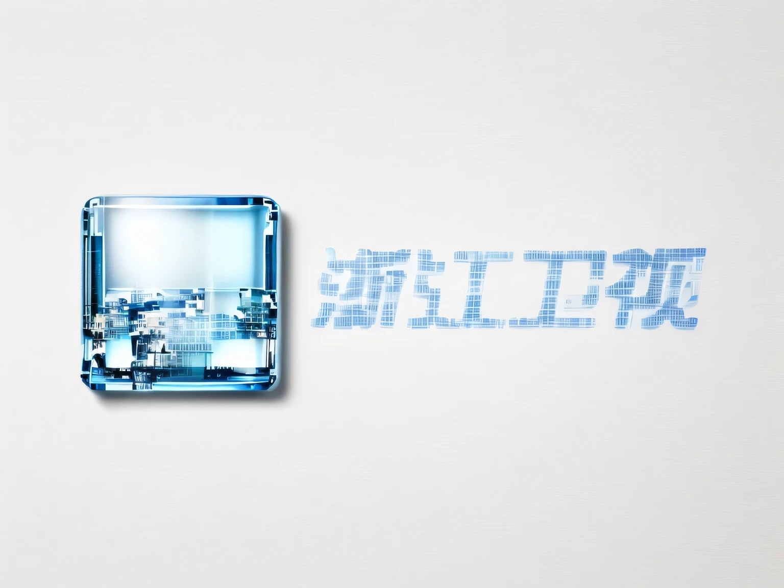 city trademark，The font is made of glass，Color Blue，The background is white，city view，city trademark，文字作为商标与建筑Fusion，Fusion，texture，high quality，clear details，Mitsuto，visual impact，Watermark removal，texture和色彩效果，high quality，Artistic sense，masterpiece，best quality，4k