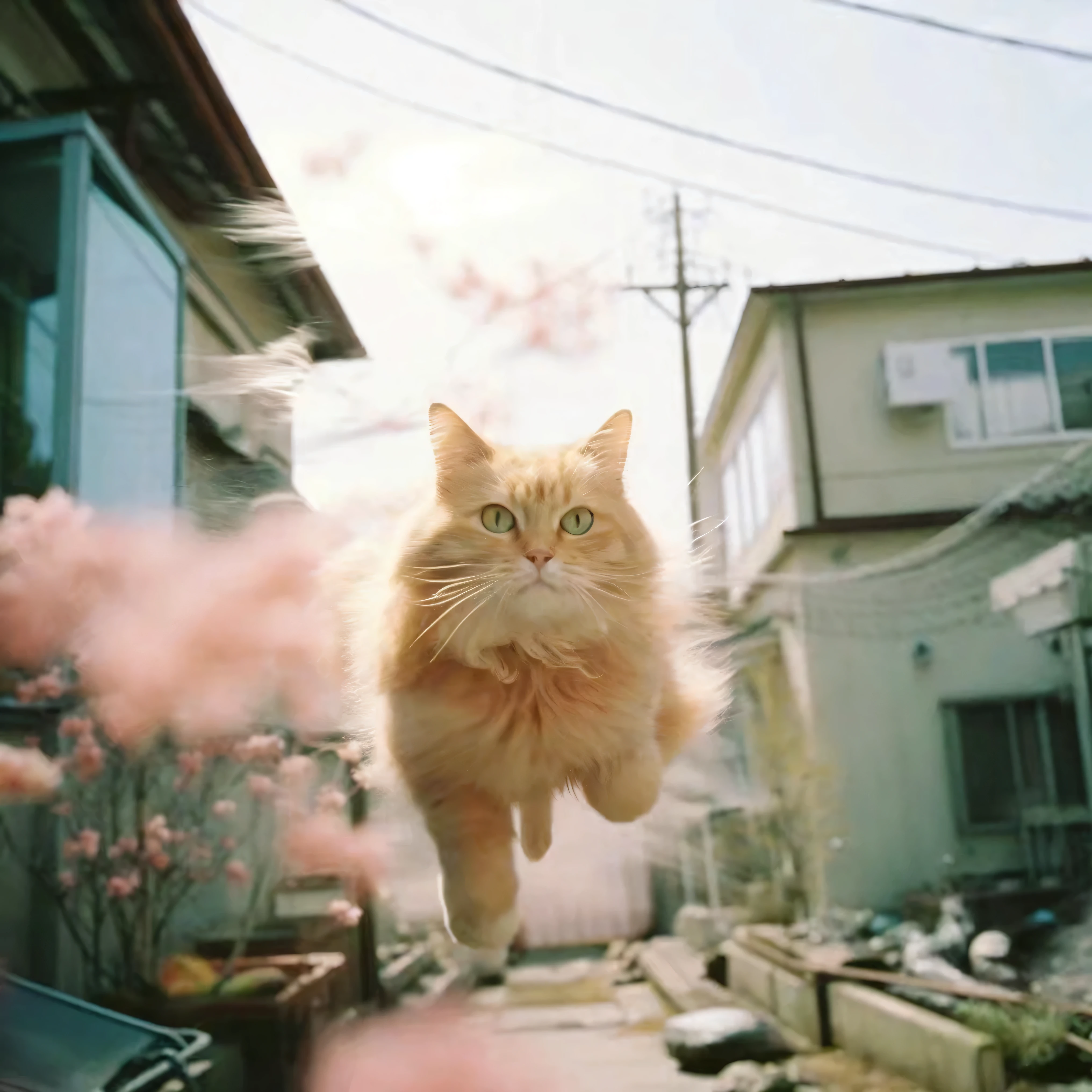 there is a cat that is flying in the air over a street, cat is floating in air, running cat, cat attacking tokyo, rinko kawauchi, running towards the camera, running towards camera, cat photography, awesome cat, by Eizan Kikukawa, ginger cat in mid action, hyper real photo, jumping towards viewer, cat photo