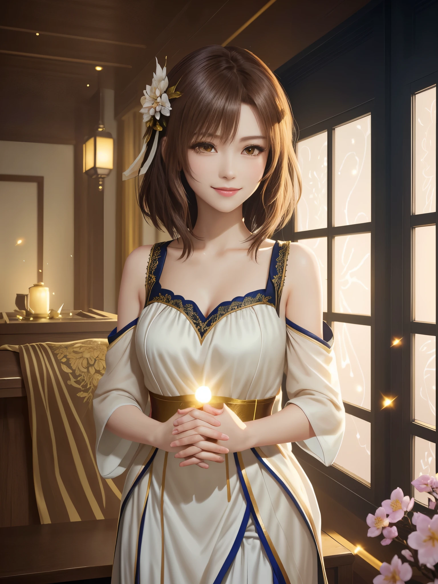 masterpiece , best quality,smile,smile,small face,shoulder exposure,less cleavage exposure,light brown hair,beautifully curled hair,slender body shape,brown eyes,Contrast faithfully reproduced,short hair,Beautiful short hair,Berry Short,short cut hair,just one person,precision quality,Faithfully reproduced eyes, The surroundings are shining gold,golden aura around the body,golden shining background,masterpiece,night,nightの背景,golden background,cherry blossom background,beautiful details, colorful, delicate details, delicate lips, intricate details, genuine, ultrargenuineista, 枝に座っている色とりどりの髪のFoxを持つ女の子:Mature, bright eyes, ,色とりどりのFox, raposa de nine tails, 三尾Fox, 三尾Fox, onmyoji detail art, beautiful fine art illustration, mythical creatures, Fox, beautiful digital art,shrine maiden,hold hands,exquisite digital illustration, mizutsune, Inspired by mythical wild web creatures, pixiv in digital art, shining light, high contrast, Mysterious,