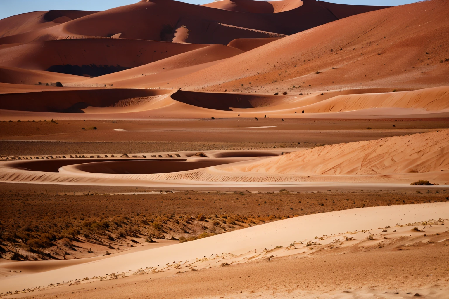 Sossusvlei, Namibia: A surreal landscape of towering red sand dunes contrasting with stark white salt pans, creating a mesmerizing desert scenery unlike anywhere else on Earth.