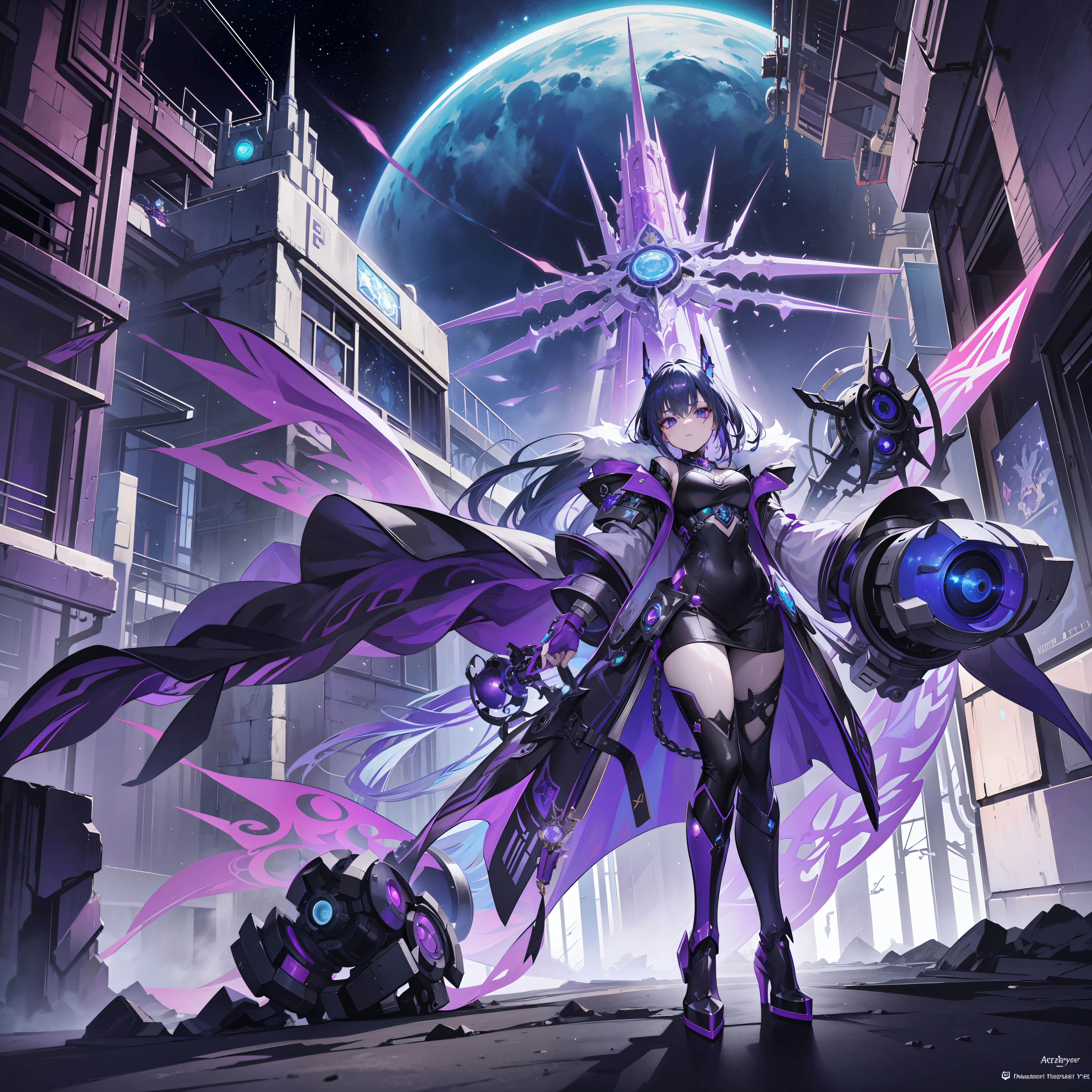 Futuristic cybersteampunk style witch fairy A distorted and strange biochemical fierce beast with purple-white blood Like a lawgiver of the starry sky Supreme divine light and dark magic a mad scientist L'empereur de l'universe that governs the bright stars