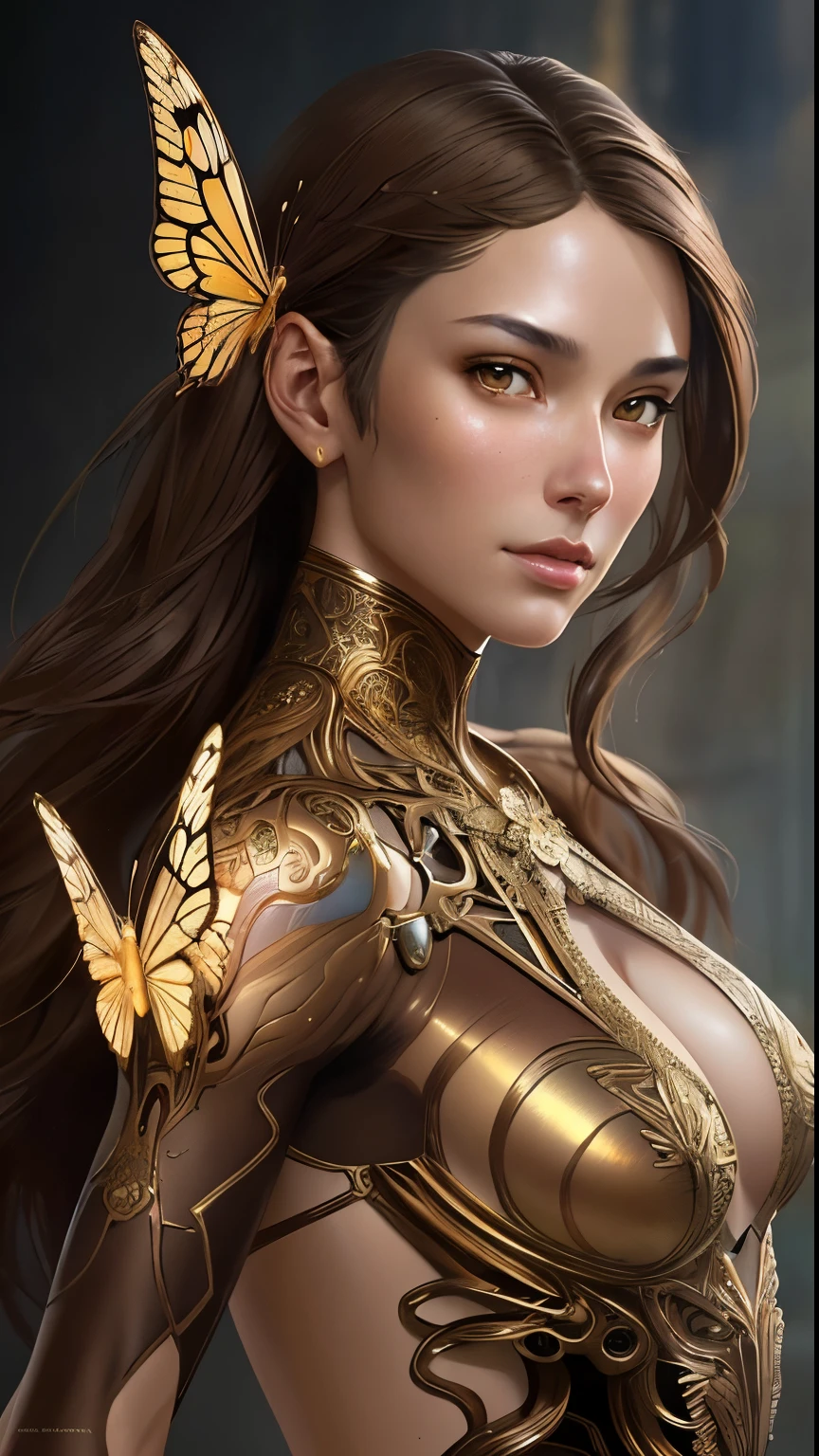 8k portrait of beautiful cyborg with brown hair, intricate, elegant, highly detailed, majestic, digital photography, art by artgerm and ruan jia and greg rutkowski surreal painting gold butterfly filigree, broken glasasterpiece, sidelighting, finely detailed beautiful eyes: 1.2), hdr,  big  
