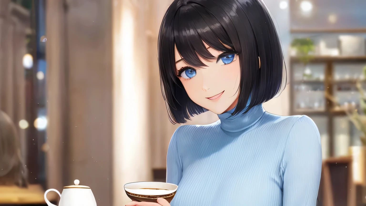 1 female、28 years old、美New髪, black hair、shortcut、bob cut、Rin々New、slanted eyes、eyeliner is clear 、light blue eyes、long face、big smile、small bust、light blue long sleeve turtleneck、Tea at a stylish cafe
