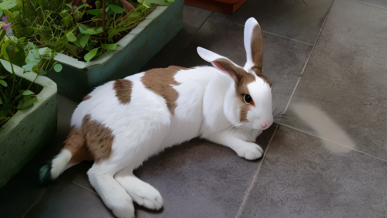 A rabbit is lying on the floor, Have two long and pointed ears, Upturned rabbit ears, Eyes closed, About to fall asleep, Rabbit, Rabbit_Bunny, White，With chocolate brown spots, with big rabbit ears, with long floppy rabbit ears, Lovely