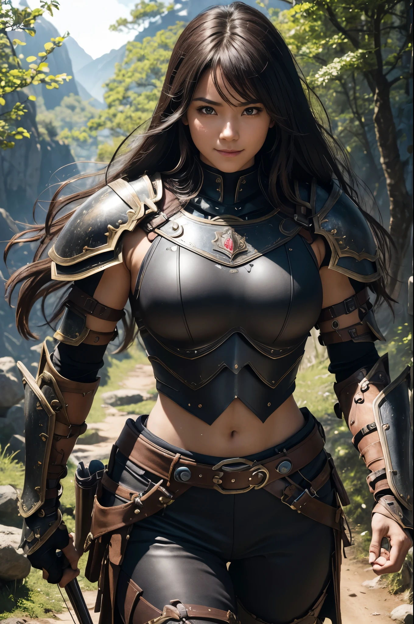 8K,Musculoskeletal々Female Warrior,fearless woman(like the real thing),Very large black and brown chest armor,black and brown shoulder armor,black and brown gauntlets,black and brown combat pants,black and brown leg armor,have a very large and long ax, Muscular armor,Muscles throughout the body swell,Violent and strongly cracked abdominal muscles,masterpiece,highest qualityのフォトリアリスティックなRAW写真。bright colors,rich colors, Backlight, cinematic lighting, film grain, to be born, 50mm lens, Nikon D850,detailed character art,fantasy art,ultra high resolution,super realistic skin,perfect hand shape,Photoreal　Raw photo　highest quality;1.4 ,smile,walk on a mountain path.very big eyes,