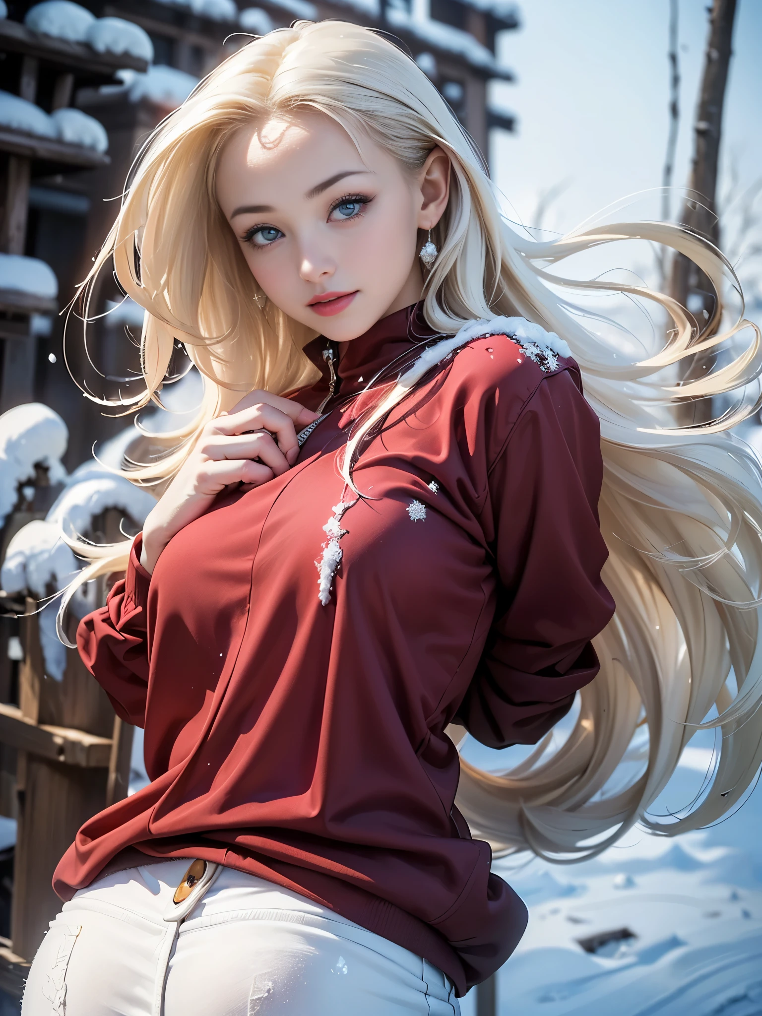 (highest quality, 8k, High resolution, realistic:2.0), (((alone, one girl:2.0))),(lit: front),(lit: strong),(ultimate beautiful girl:2.0),(shiny skin),(oily skin),(platinum blonde hair:1.3),(straight long hair:2.0),blush brown makeup , dark eye makeup , use pink glossy lipstick,(girl with big beady eyes:1.5),((round face, smile, big breasts,big ass))、flushed complexion, 、((snowy winter outdoors))、（anatomically correct）、（perfect body proportions)、 ((perfect hands))、 (((perfect fingers)))、(oily skin:1.5)