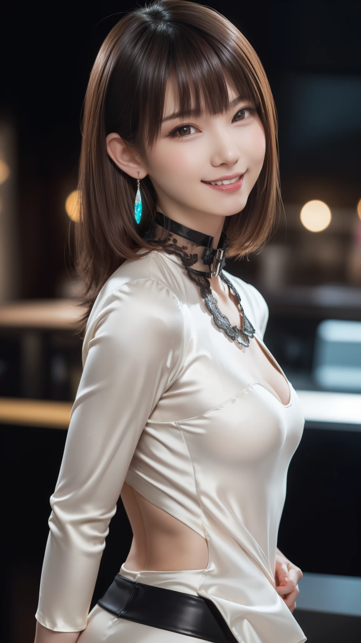 8k, table top, RAW photo, highest quality, realistic, Highly detailed CG Unity 8k wallpaper, written boundary depth, cinematic light, Lens flare, ray tracing, (very beautiful face, beautiful lips, beautiful eyes), face with intricate details, ((super dense skin)) 1 girl, in the dark, deep shadow, cute korean girl, Flashy makeup with red eyeshadow,her shortcut, Delicate light brown hair is slightly disheveled with side waves.,wearing large ring earrings,K-POPアイドル, 1 girl, (very slim and slender fit muscular body:1.3), ((looking at the viewer)),(big smile:1.3), (magenta and black blouse), (sleeve fashion city night, dark night, (neon sign), (blurred background), fashion street night),(no people in the background:1.3), beautiful earrings, bracelet, necklace, pantyhose, clear eyes, walk, (white skin), (big eye ace forward, ((upper body shot)), ((silk collar dress:1.3)),(brown hair),((tight fit lace dress)), (See through), (looking at the viewer:1.3) open chest, very slim, medium breasts, backtracking,((buckshot)), See through, Middle butt, mini skirt:1.5,up hair, From above:1.u can see the lines of the full back pants:1.4,