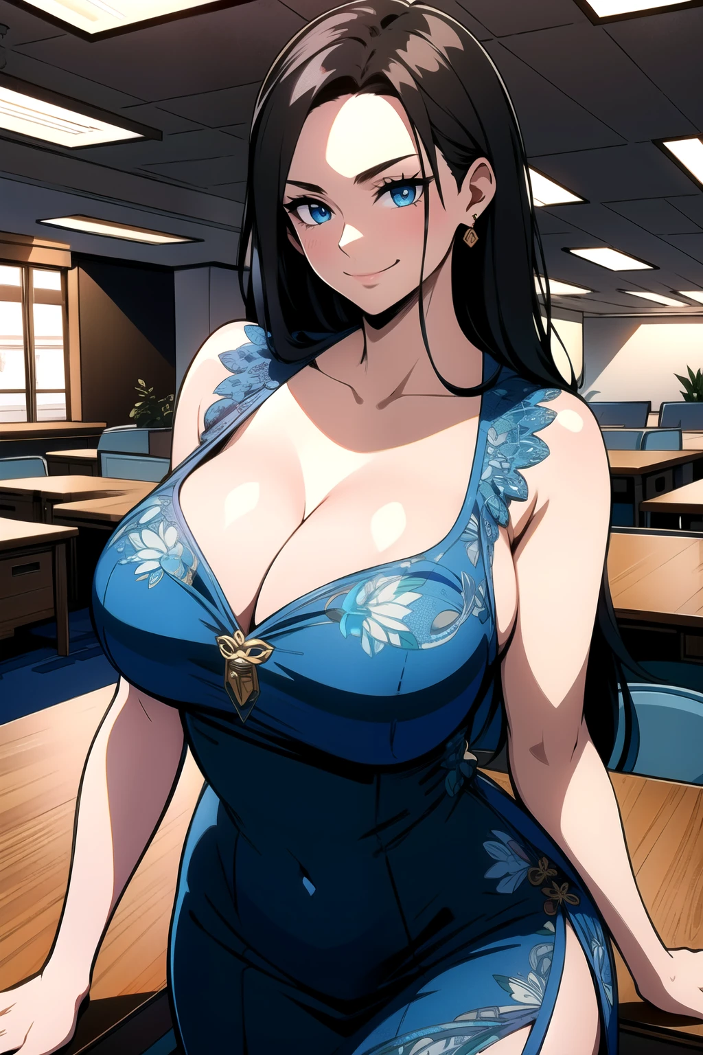 masterpiece, ((ultra detailed background, delicate pattern, intricate detail)), (highly detailed, fine details), best quality, beautiful lighting, (gigantic breasts)), NicoRobinV2, 1girl, black hair, long hair, solo, medium breasts, (smile), blue eyes, cleavage, closed mouth, hair slicked back, jewelry, collarbone, (chinese dress), (complex detailed background, inside, luxury office), curvy, cowboy shot