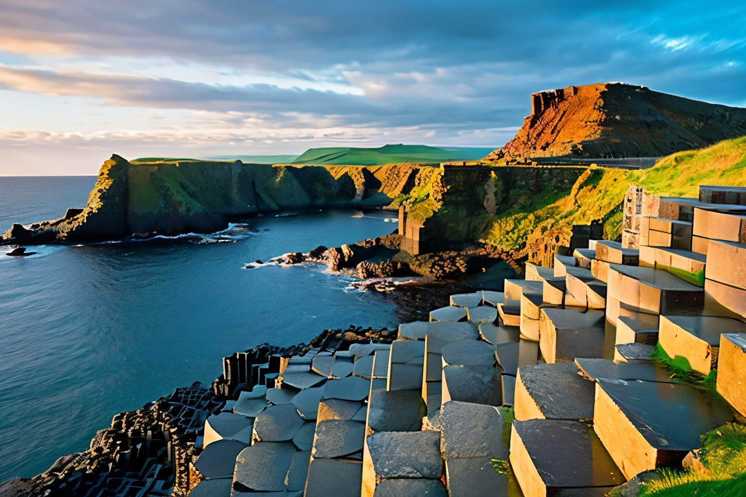 Giant's Causeway, Northern Ireland: A natural wonder comprised of thousands of interlocking basalt columns, formed by ancient volcanic activity and steeped in myth and legend.