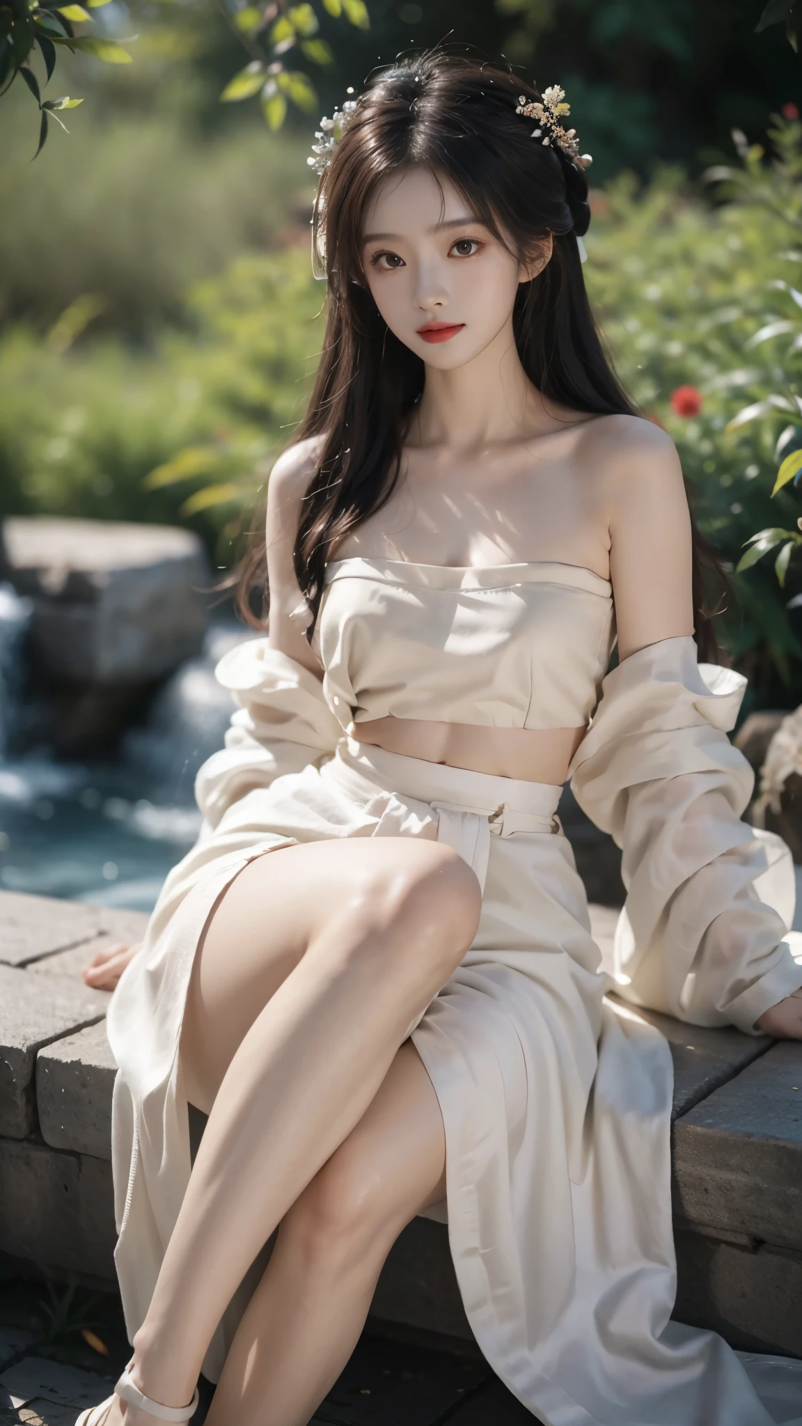 hanfu-song, hanfu, song theme, bandeau, tube top, ((knee shot)), Film portrait photography, 1 girl, bare shoulders, Shoulder length wavy hair, plump breasts, cleavage, Slender sexy legs, serene, calm, (逼真Detailed眼睛, natural skin texture, Realistic facial details), Soft dramatic lighting, depth of field, Bokeh, Vibrant details, Detailed, surreal, 35mm film, anatomically correct, masterpiece, best quality