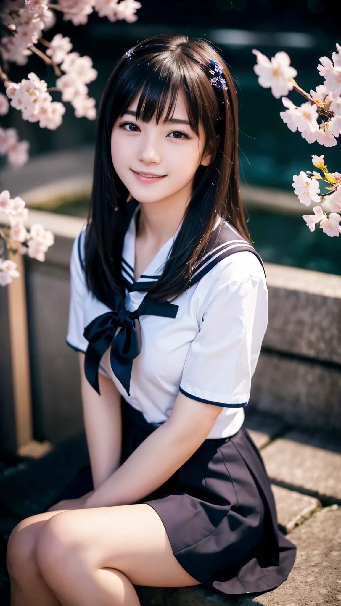 (highest quality,masterpiece:1.3,ultra high resolution),(Super detailed,caustics,8k),(photorealistic:1.4,RAW shooting),1 girl,sitting,(smile),stare at the camera,18-year-old,cute,Japanese,Black Hair Middle Hair,(sailor suit),glamorous,(big ),darkness,night sky,Illuminated night cherry blossoms,professional writing,(shot from the waist up),(Tilt composition:1.1),(low position:1.2),(Low - Angle:1.2)