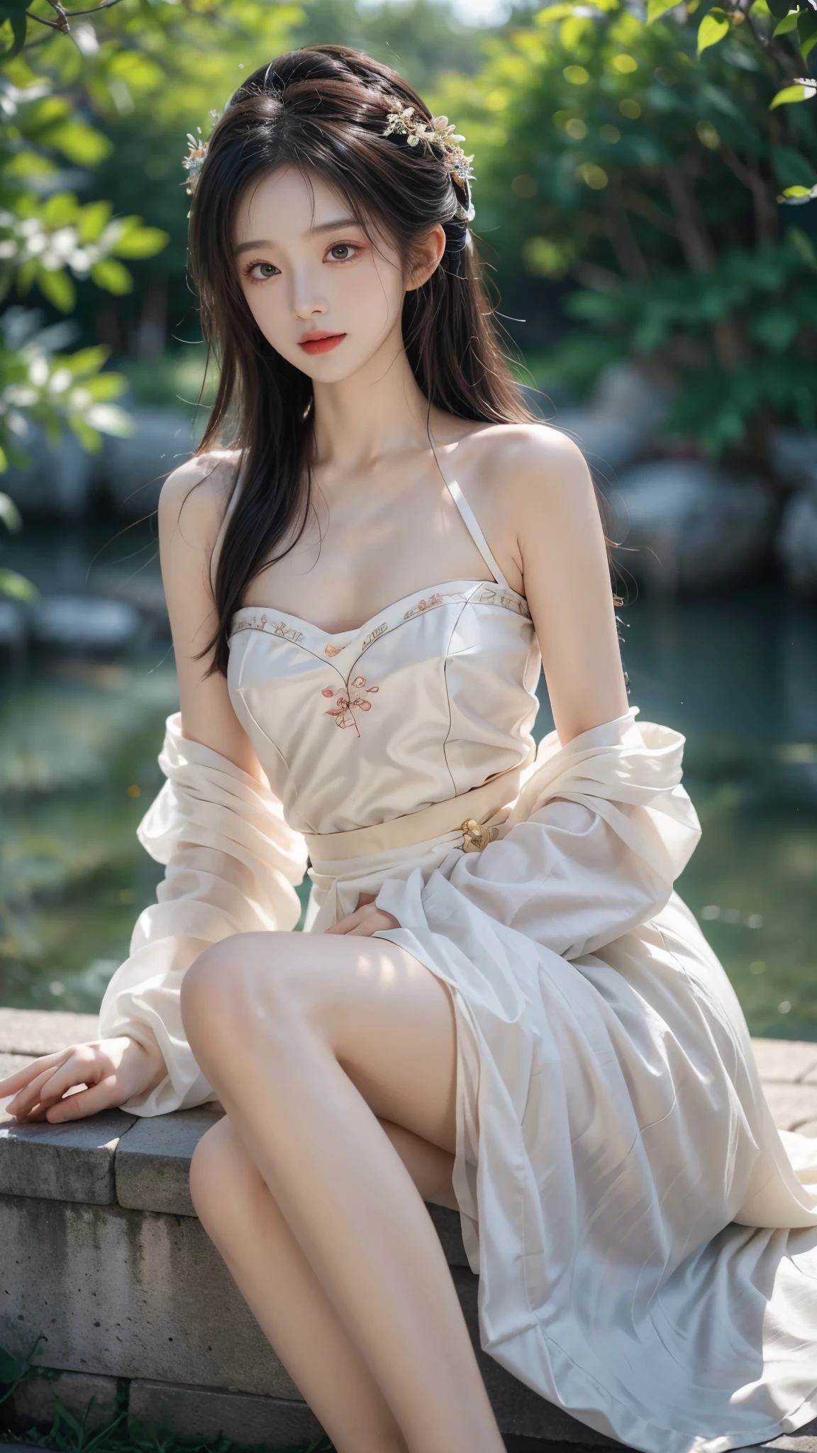 hanfu-song, hanfu, song theme, bandeau, tube top, ((knee shot)), Film portrait photography, 1 girl, bare shoulders, Shoulder length wavy hair, plump breasts, cleavage, Slender sexy legs, serene, calm, (逼真Detailed眼睛, natural skin texture, Realistic facial details), Soft dramatic lighting, depth of field, Bokeh, Vibrant details, Detailed, surreal, 35mm film, anatomically correct, masterpiece, best quality