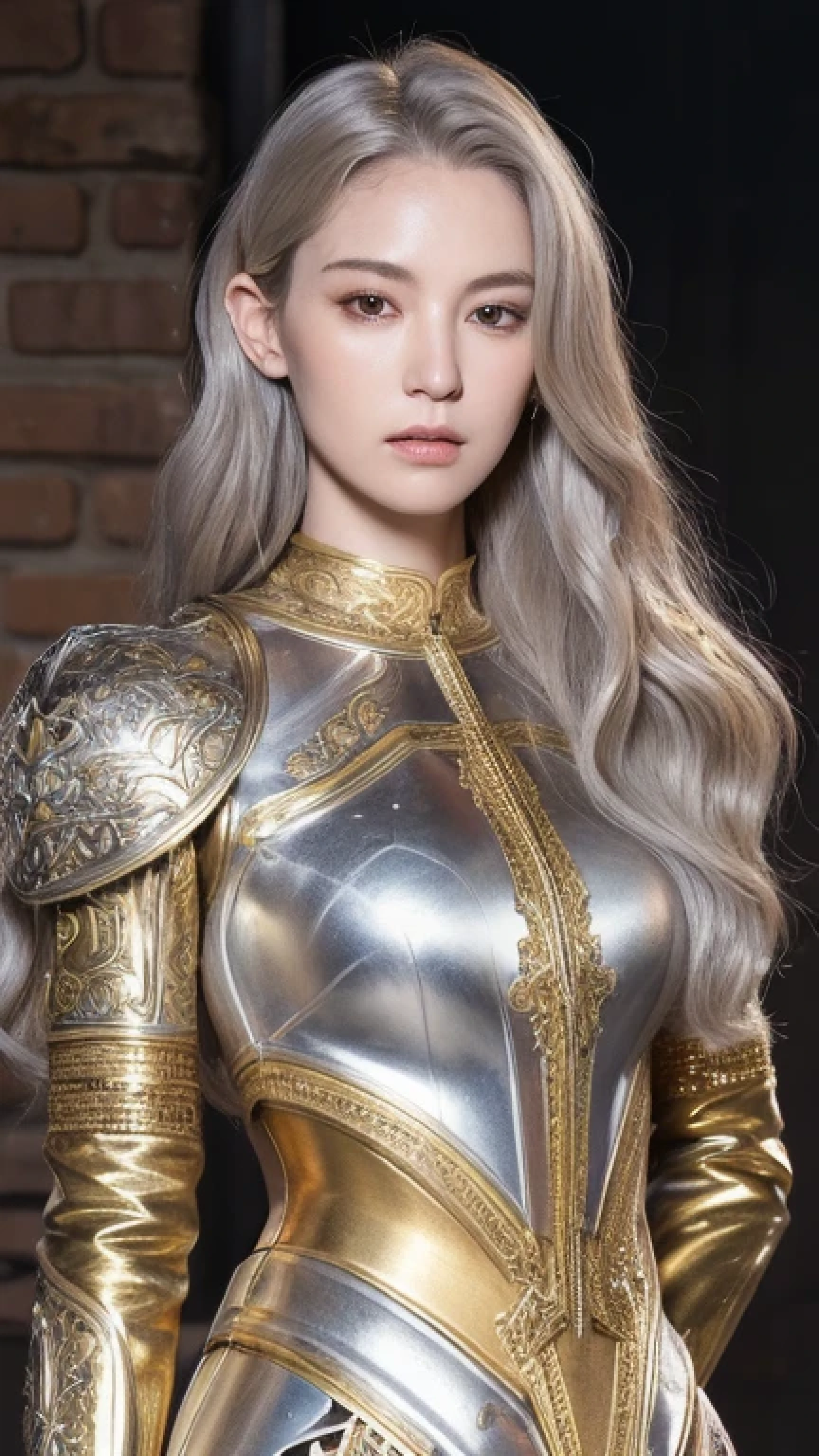 (Best quality, High resolution, Masterpiece :1.3), A tall and pretty woman, Slender abs, Silver hair styled in loose waves, Breasts, medieval background, Details exquisitely rendered in the face and skin texture, Detailed eyes, Double eyelid, knight with a long sword, gold metal armor, full body view