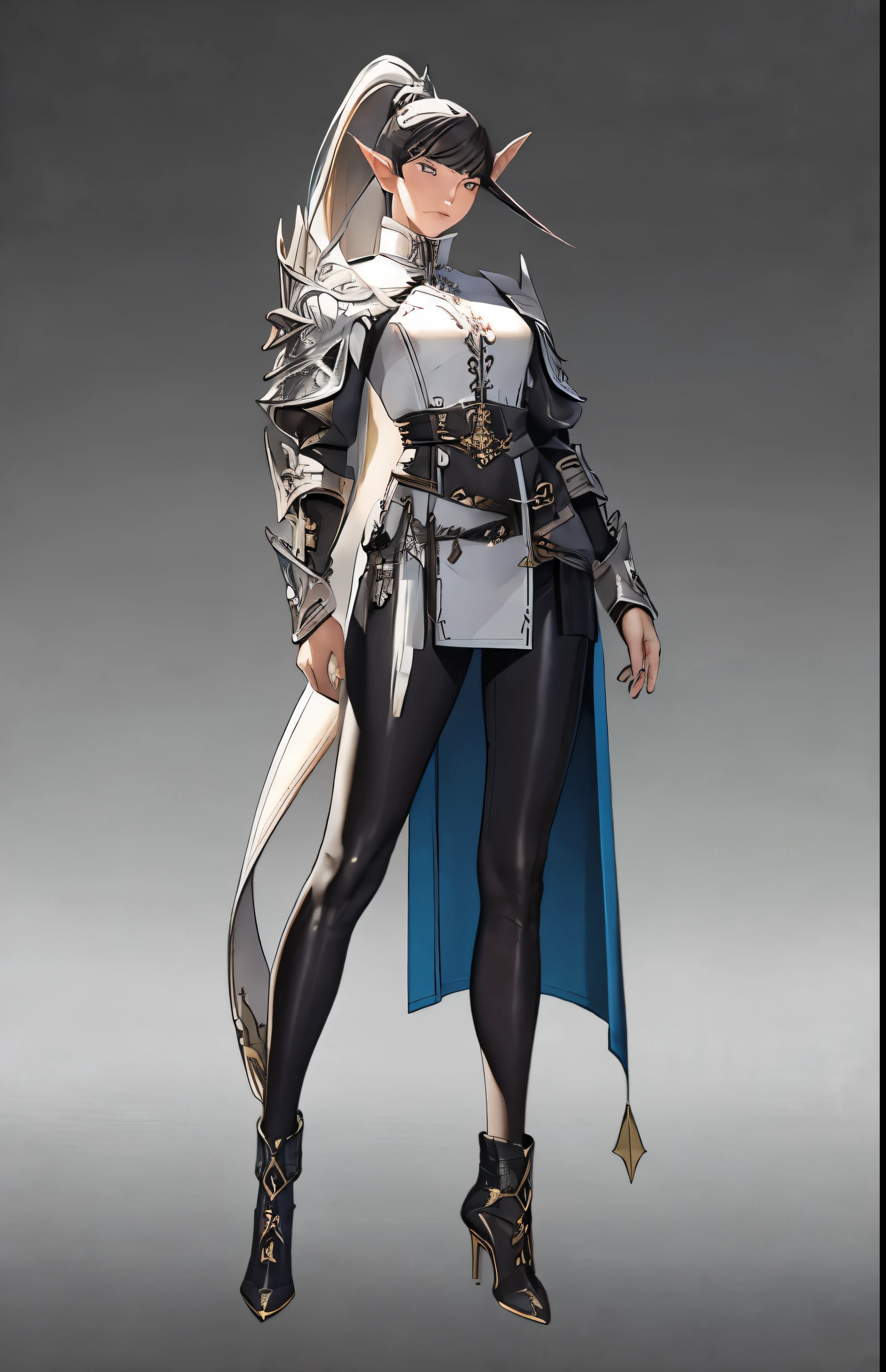 ((masterpiece, best quality)),concept art, Miss,, Detailed face，pointed ears, full body details, full of details, Very detailed, depth, many parts, White single ponytail，Rangers。beautiful Miss, muscular body, leather armor，Sackcloth clothes, leather bags，belt。（blade and soul style）High heel,jewelry, braid, earrings,White background，standing posture。