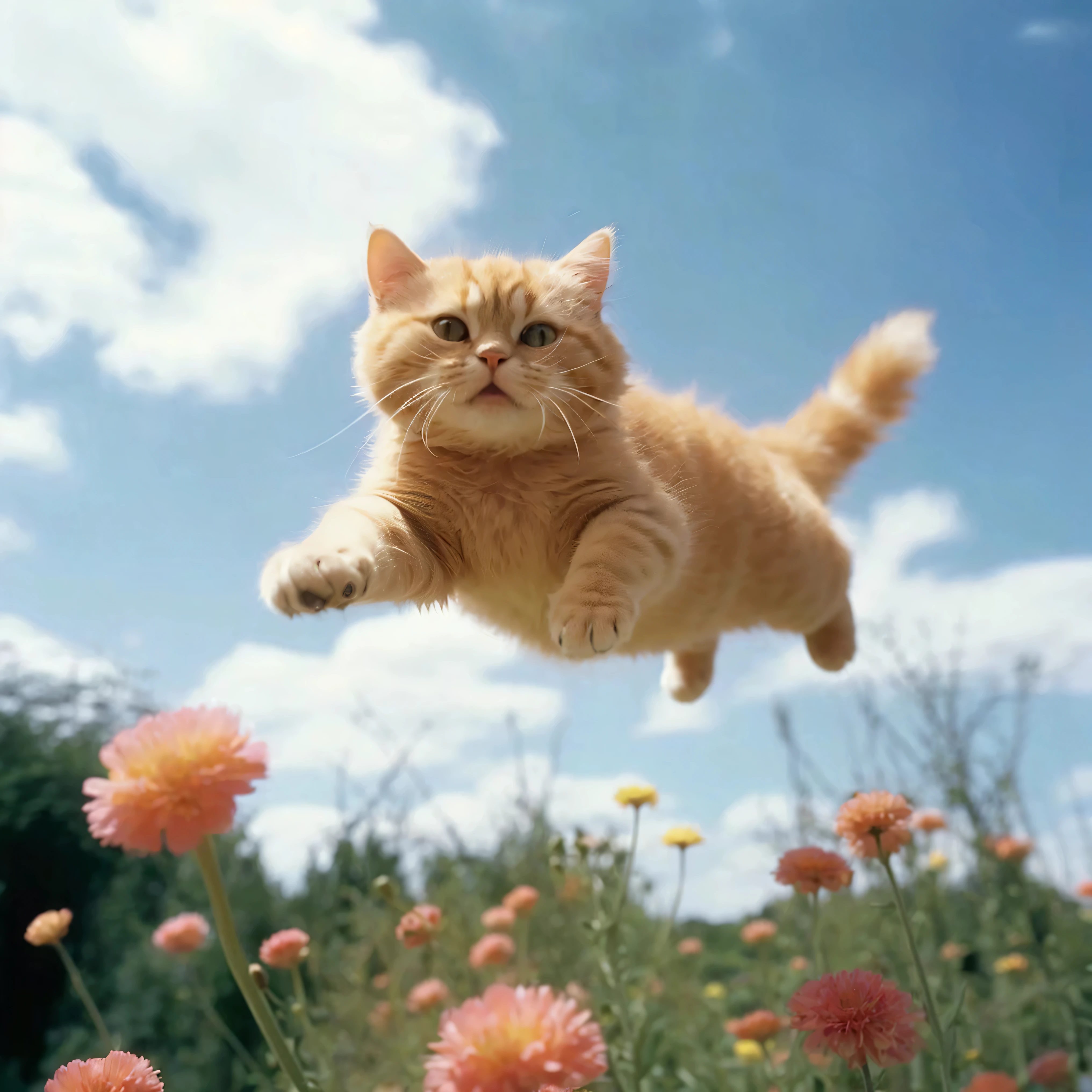 there is a cat that is flying through the air, cat is floating in air, horizontally leaping!!!, flying through the air, basil flying, leaping, leaping into the air, midair, leaping towards viewer, floating in mid - air, rising in the air levitating, jumping towards viewer, awesome cat, jumping for joy