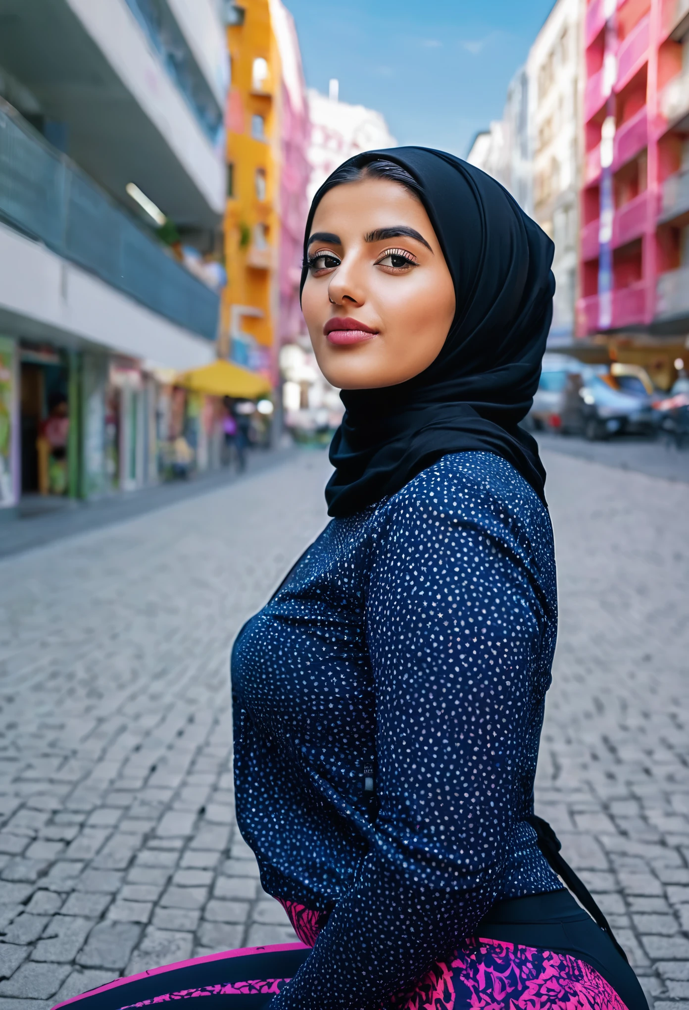 photography of a stunning girl, in the city, wearing a black long blouse, enjoying, girl, summer, glasses, hijab, looks into the camera, symmetrical face, photorealistic, photography, spectacular lighting,, gorgeous, cleavage, western, (masterpice), best quality, high resolution, extremely detailed, skin with pores, blurred background, depth of field, cinematic lighting